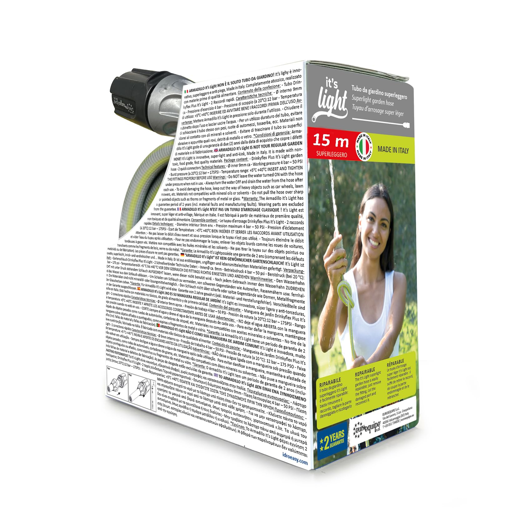 Tubo Irrigazione 15 Metri 1/2" Superleggero Anti-Nodo Flessibile con Doccetta e Raccordi Made in Italy