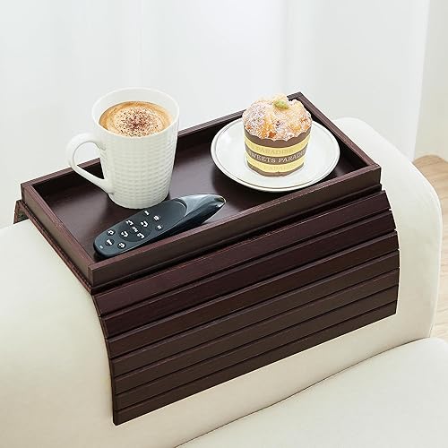 GEHE Bandeja de brazo de bambú para sofá, mesa auxiliar plegable para brazo de sofá, mesa auxiliar con reposabrazos anticaídas, soporte para tazas