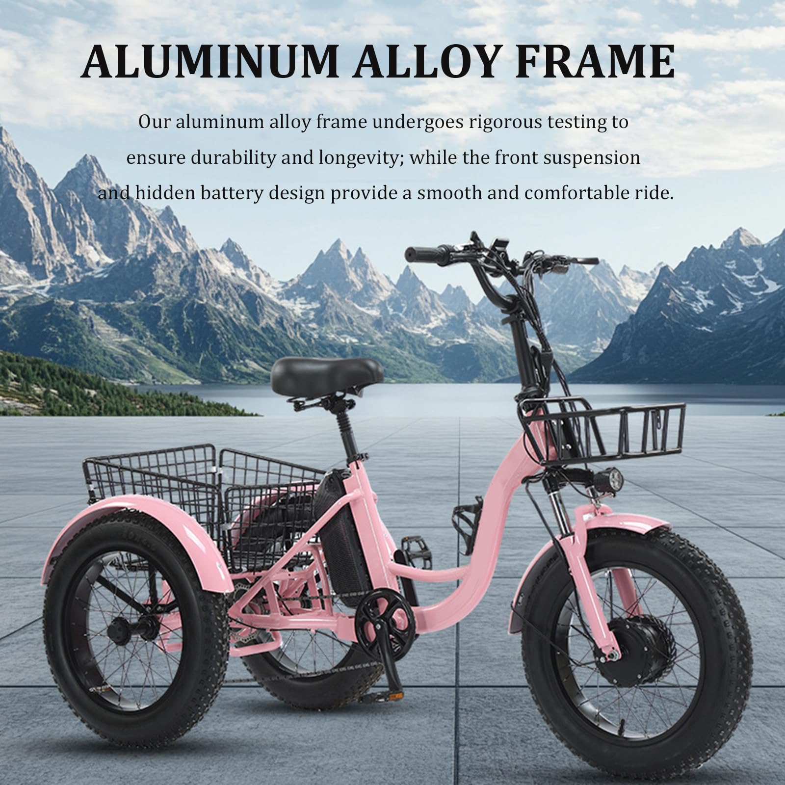 Triciclo elettrico per anziani, bici da neve con pneumatici larghi da 20'' a 7 velocità, cestini anteriori e posteriori, doppi freni a disco, display LCD, autonomia di 35 km, carico massimo