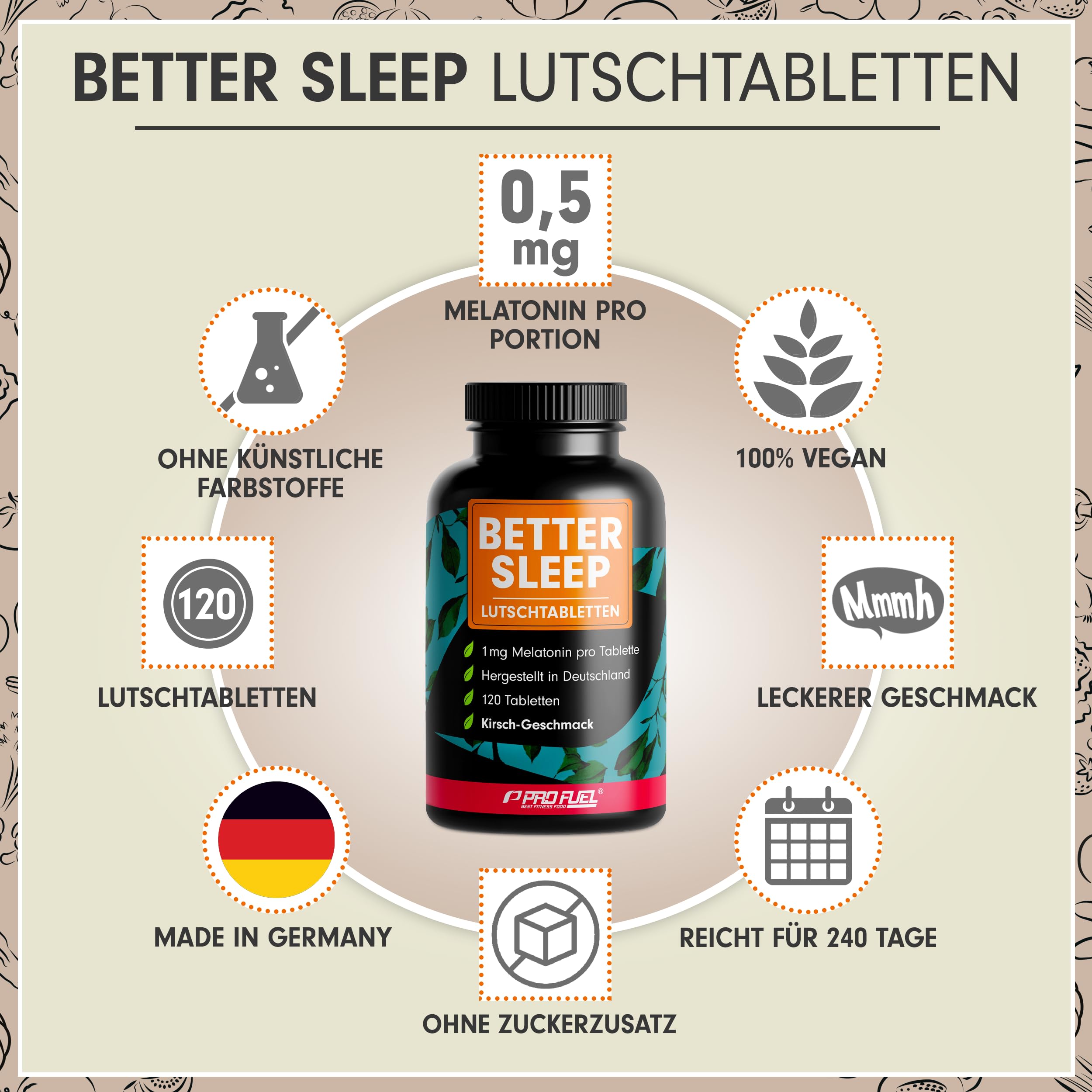 Melatonin Lutschtabletten 120x - leckerer Kirsch-Geschmack - optimal hochdosiert - mit bioaktivem Melatonin, L-Theanin, Glycin und Vitamin B6 - zuckerfrei gesüßt, 100% vegan - Vorrat für 8 Monate