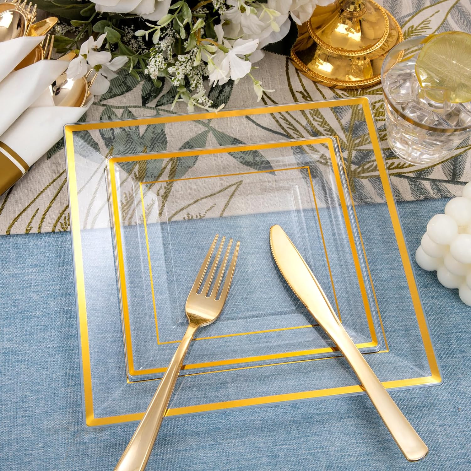 DaYammi 175 PCS Clear Gold Plastic Plates,Gold Plastic Dinnerware Sets,Includes: 25 Dinner Plates,25 Salad Plates,25 Pre Rolled Napkins with silverware,25 Cups 9 OZ, Perfect for Wedding and Party