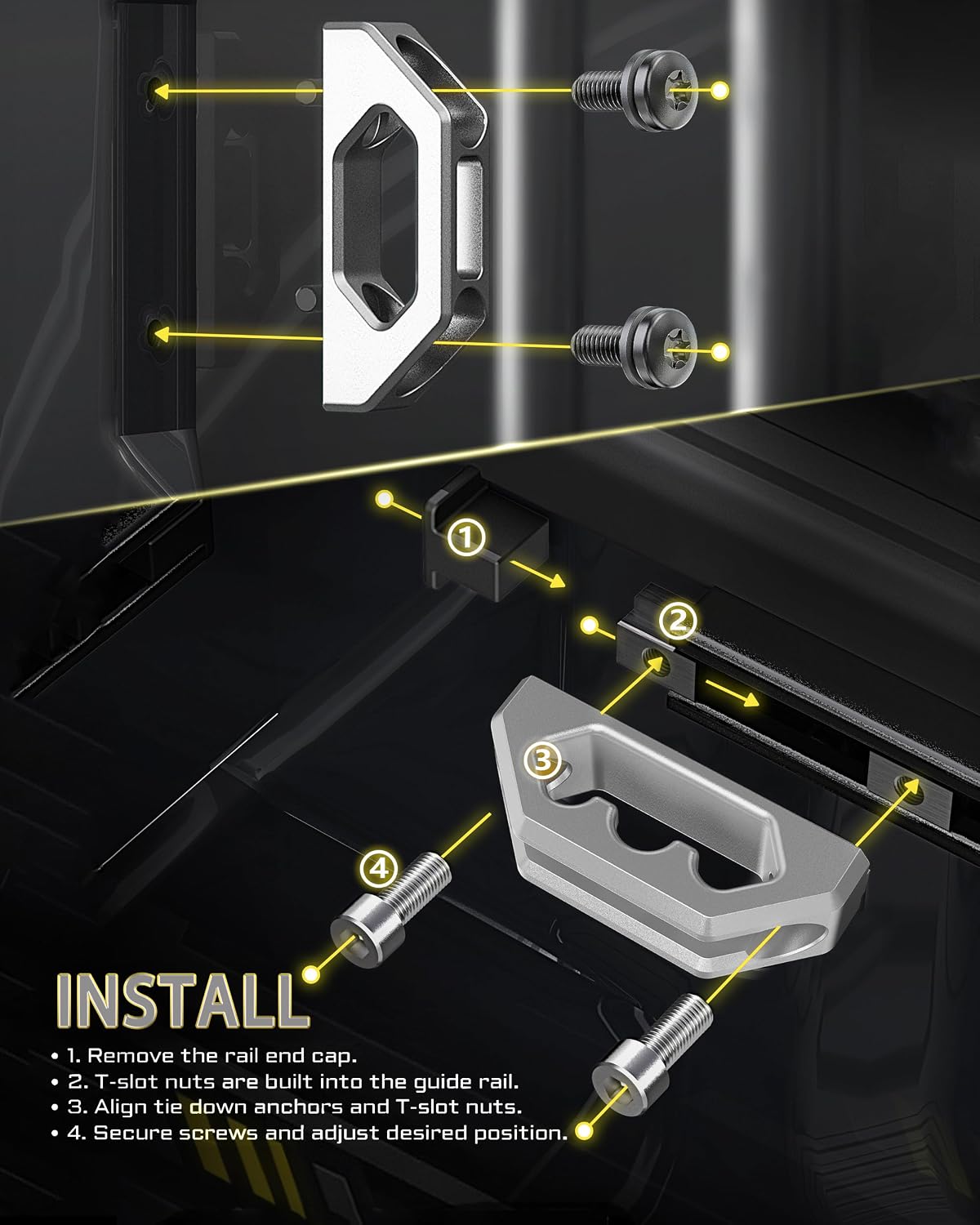 RENO Aluminum Tie Down Anchors Combo, 2Pcs Bed Rail Cleat + 2Pcs Tie Down Hook Compatible with Tundra/Tacoma Truck, OEM PT278-35160/35050-S1/35100-S1/35111/35112/PT785-35050-S1/66312-0C010 (Silver)