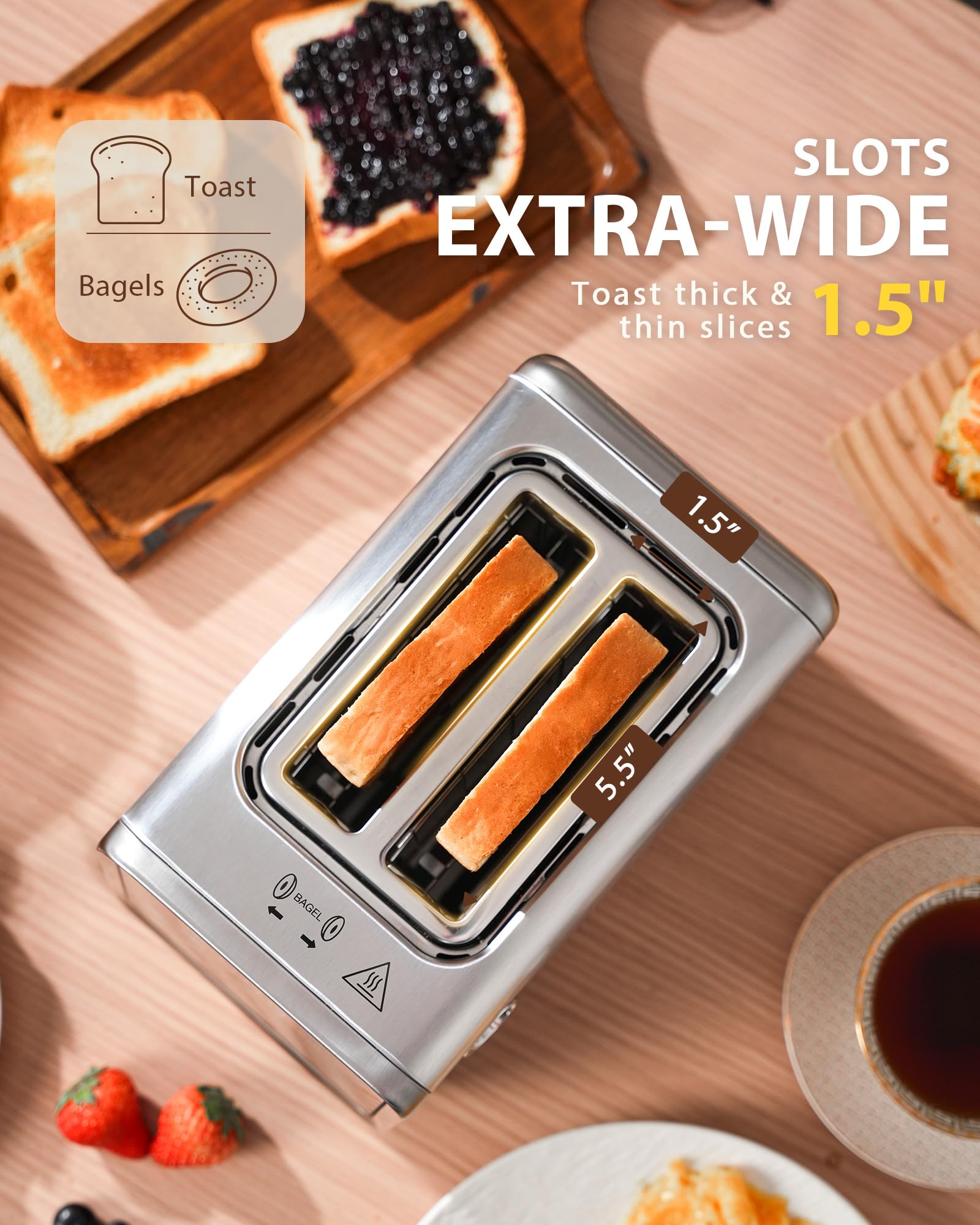 Close-up of the ZACHVO 2-Slice Smart Toaster's sleek stainless steel exterior and intuitive touchscreen display.