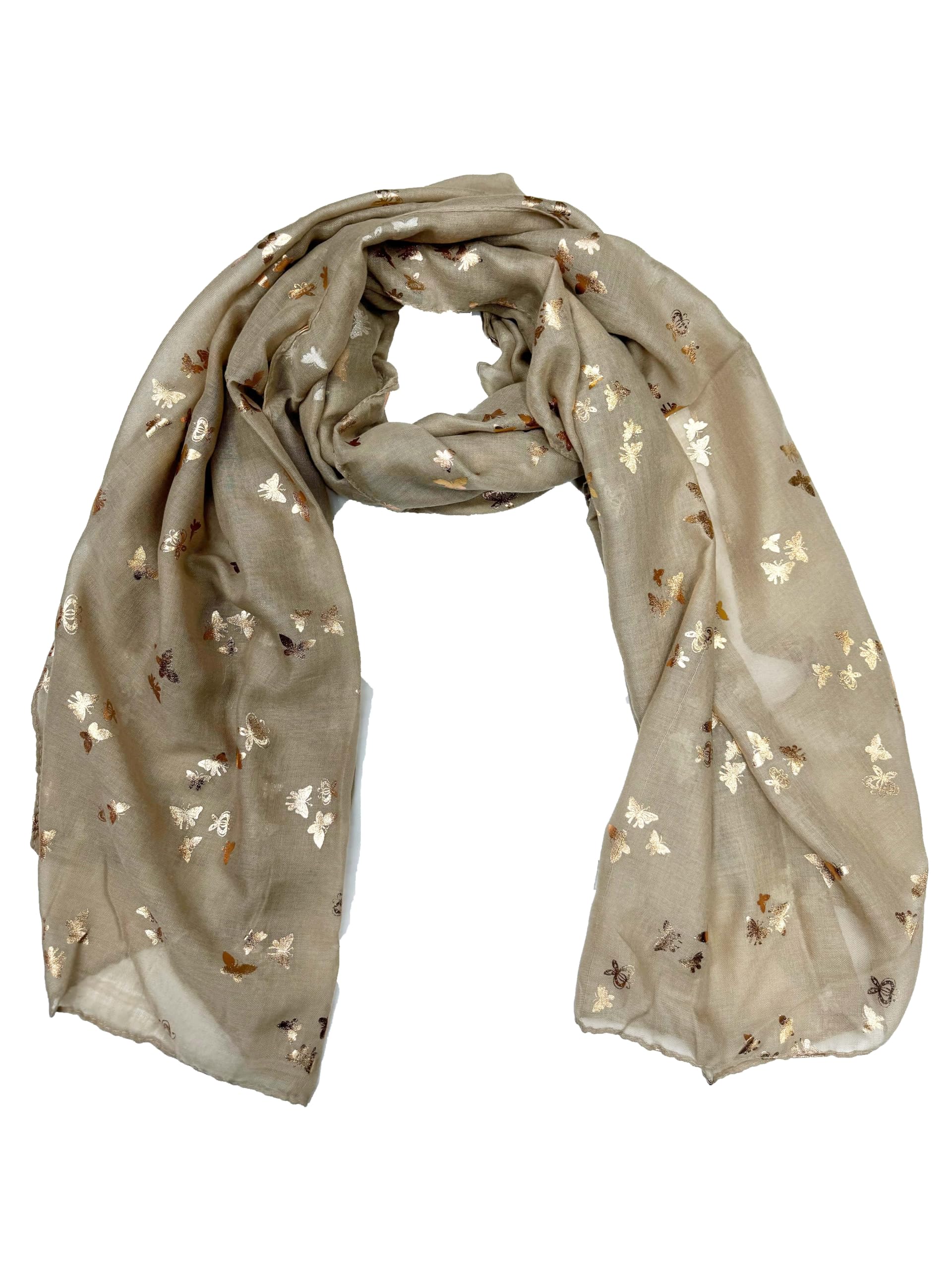 Zac's Alter Ego Women's Beige / Gold Foil Metallic Glitter Tiny Butterflies Print Scarf