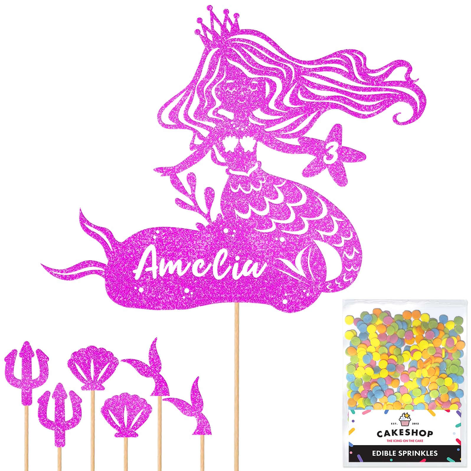 Personalised Birthday Mermaid Glitter Cake Topper- Pink Any Custom Age & Name Glitter Cake Decoration and Sprinkles - Happy Birthday Decorations - Personalised Toppers for Cakes by Cakeshop — image 1