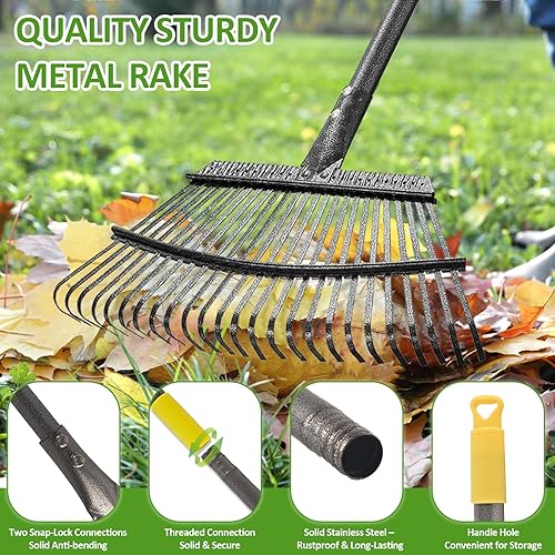 Miniatura 3 de Juego de rastrillo de hojas de jardín con 25 dientes, rastrillo de metal resistente para hojas (ajustable de 73 pulgadas de largo, 18 pulgadas de