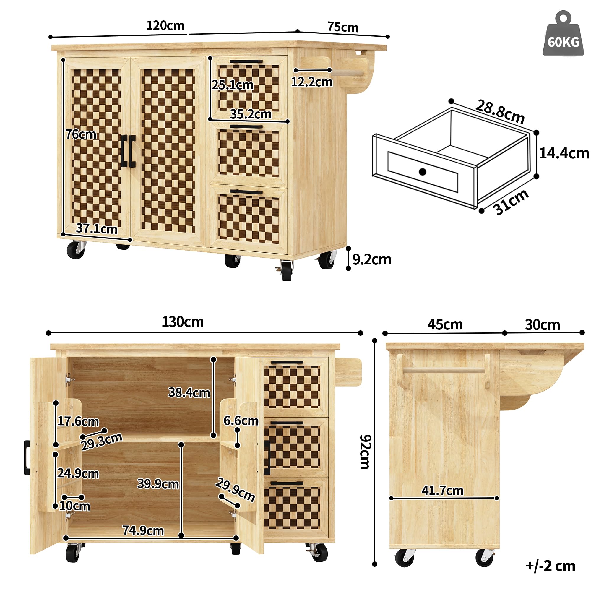 Kücheninsel auf Rollen 120x45x92 cm mit Klapptisch, 3 Schubladen, 2 Türen, verstellbaren Einlegeböden, Handtuchhalter, Buffetschrank & Servierwagen im Holzmaserung-Schachbrett Design