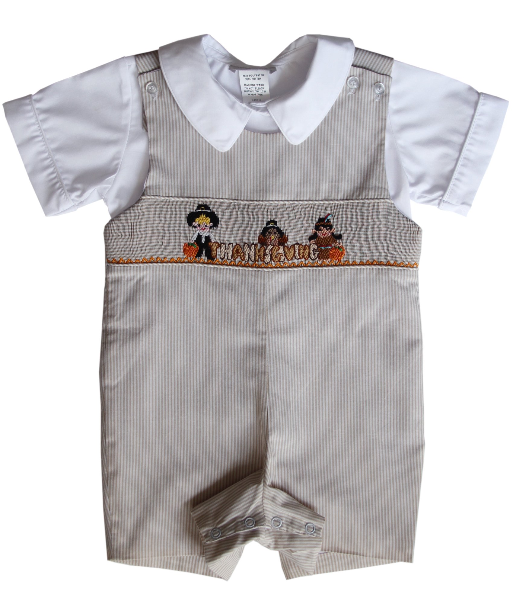 Carouselwear Boys Thanksgiving Shortall with Smocked Turkey Indians and Pilgrims Tan