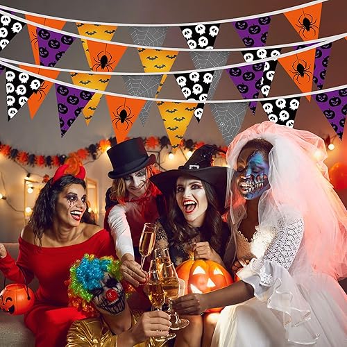 Miniatura 5 de Lucleag Pancartas de Halloween de 32.8 pies, bandera triangular, banderines de tela de Halloween para decoración de fiesta de Halloween,