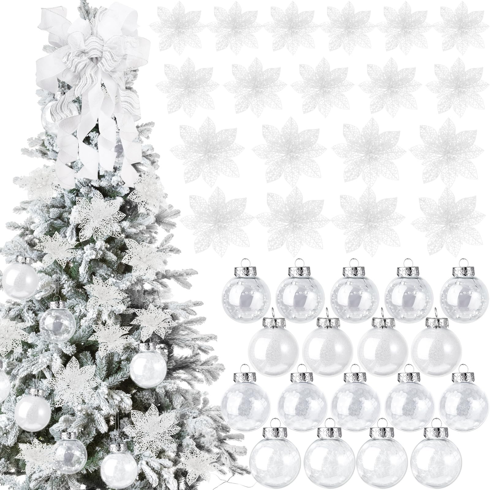 Décoration sapin de Noël sans fausse note : lot de 49 pièces blanches avec poinsettia