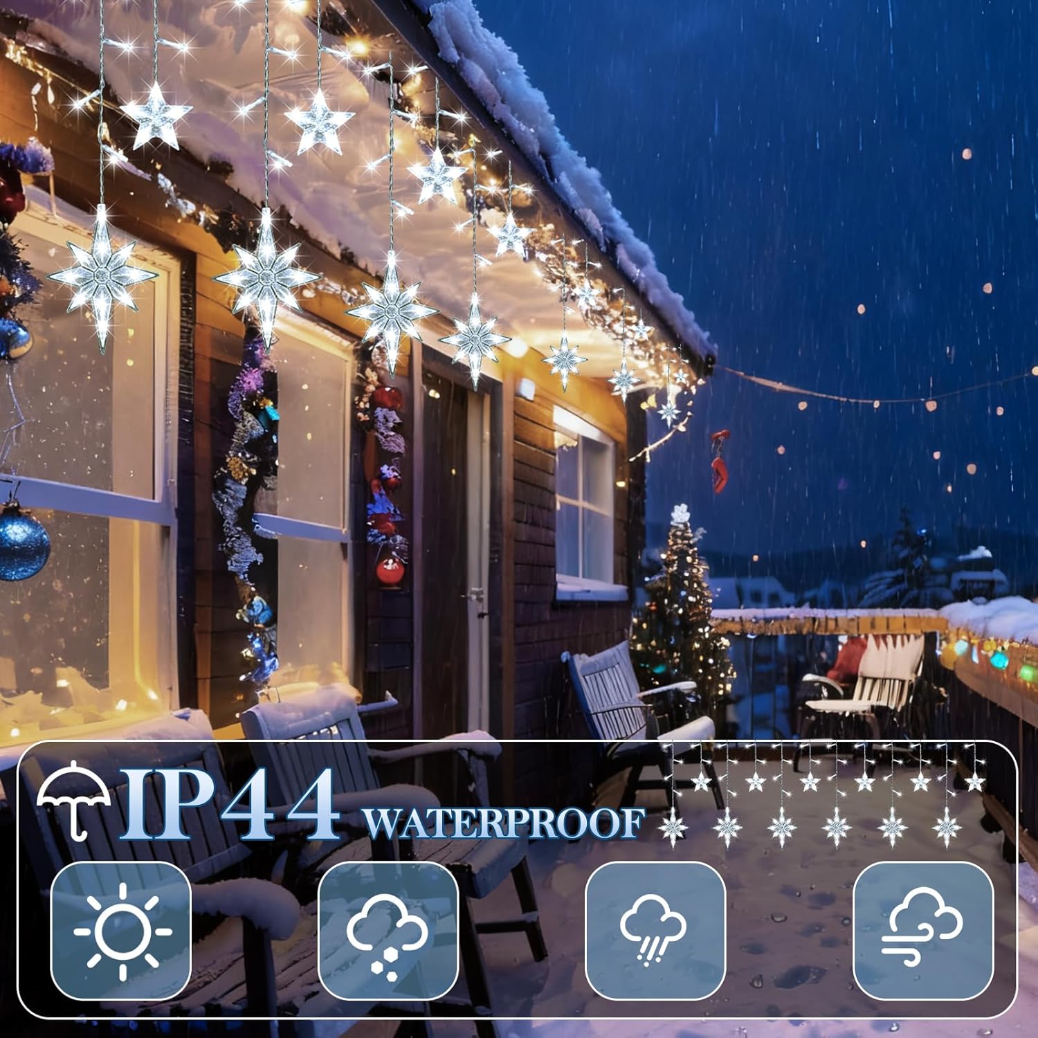 Christmas Star Icicle Lights 17.22ft 231 LED Waterproof Star String Light with 22 Drop 8 Modes Connectable Plug Hanging Decor for Home Eaves Indoor Outdoor Xmas Party Holiday(White)