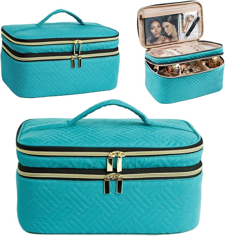 Large Makeup Bag, Travel Makeup Bag Organizer, Double Layer Train Case Makeup Bag, Toiletry Bag for Makeup Brushes, Full Size Bottles, Palettes Sponge, Cosmetic Organizer