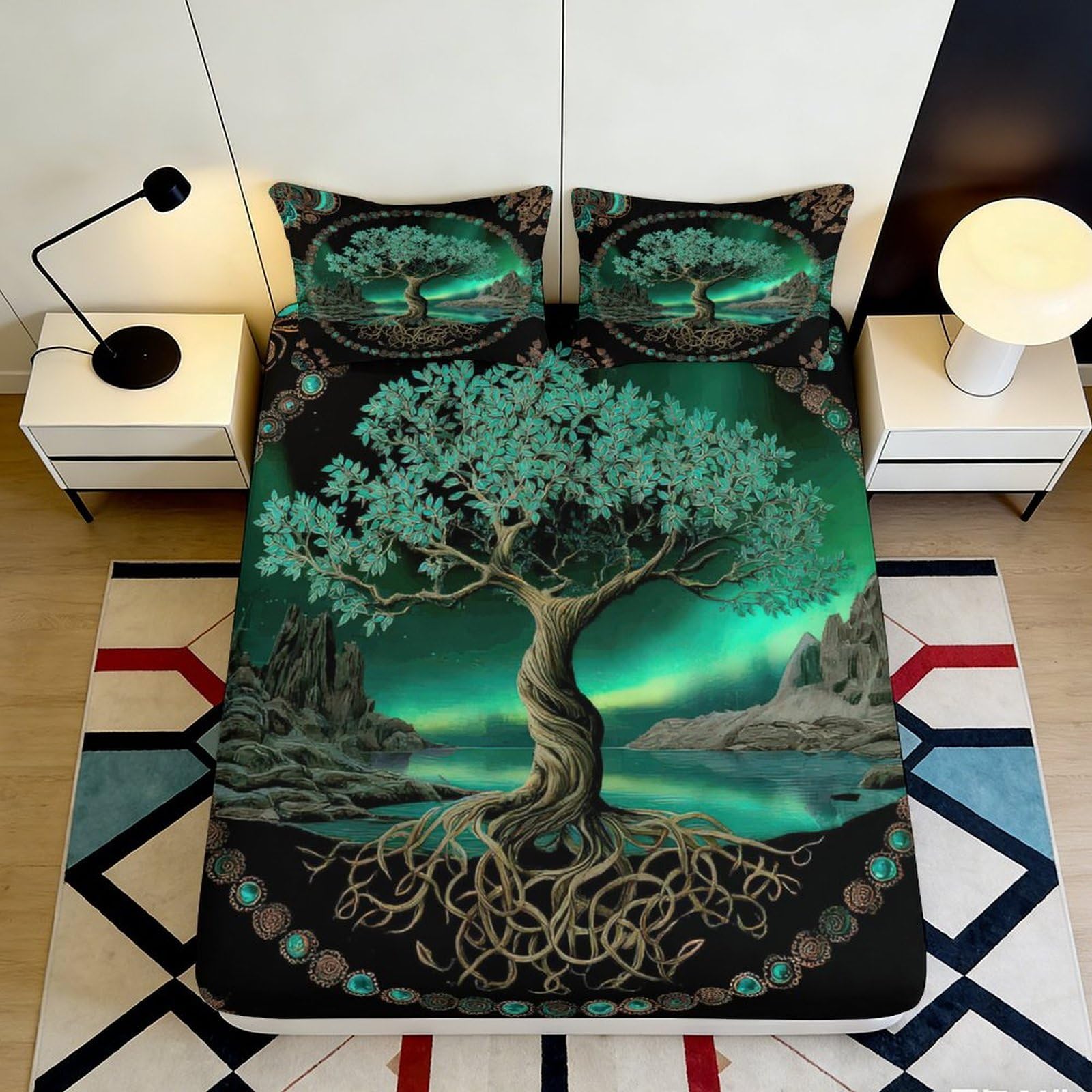Pnayamiorkfel Style-3 3D Printed Tree Of Life Fitted Sheet Microfiber Soft Decorative Green Landscape Bed Cover For Bedroom Dorm Home 90X200x25cm