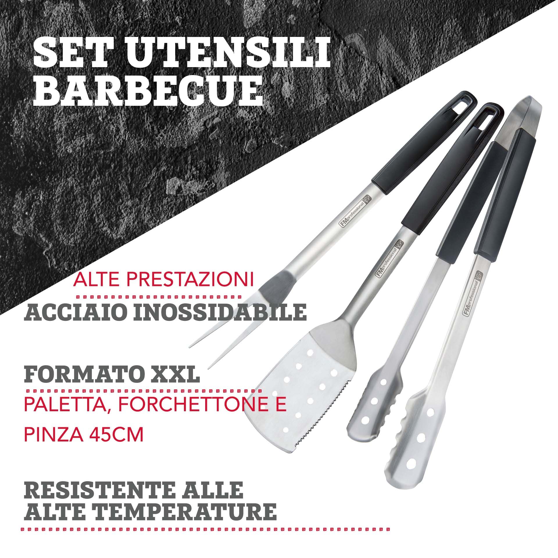 FMprofessional Set di utensili per barbecue e grigliate, forchettone, paletta forata e pinza multiuso forata, utensili per BBQ resistenti alle alte temperature, lavabili in lavastoviglie