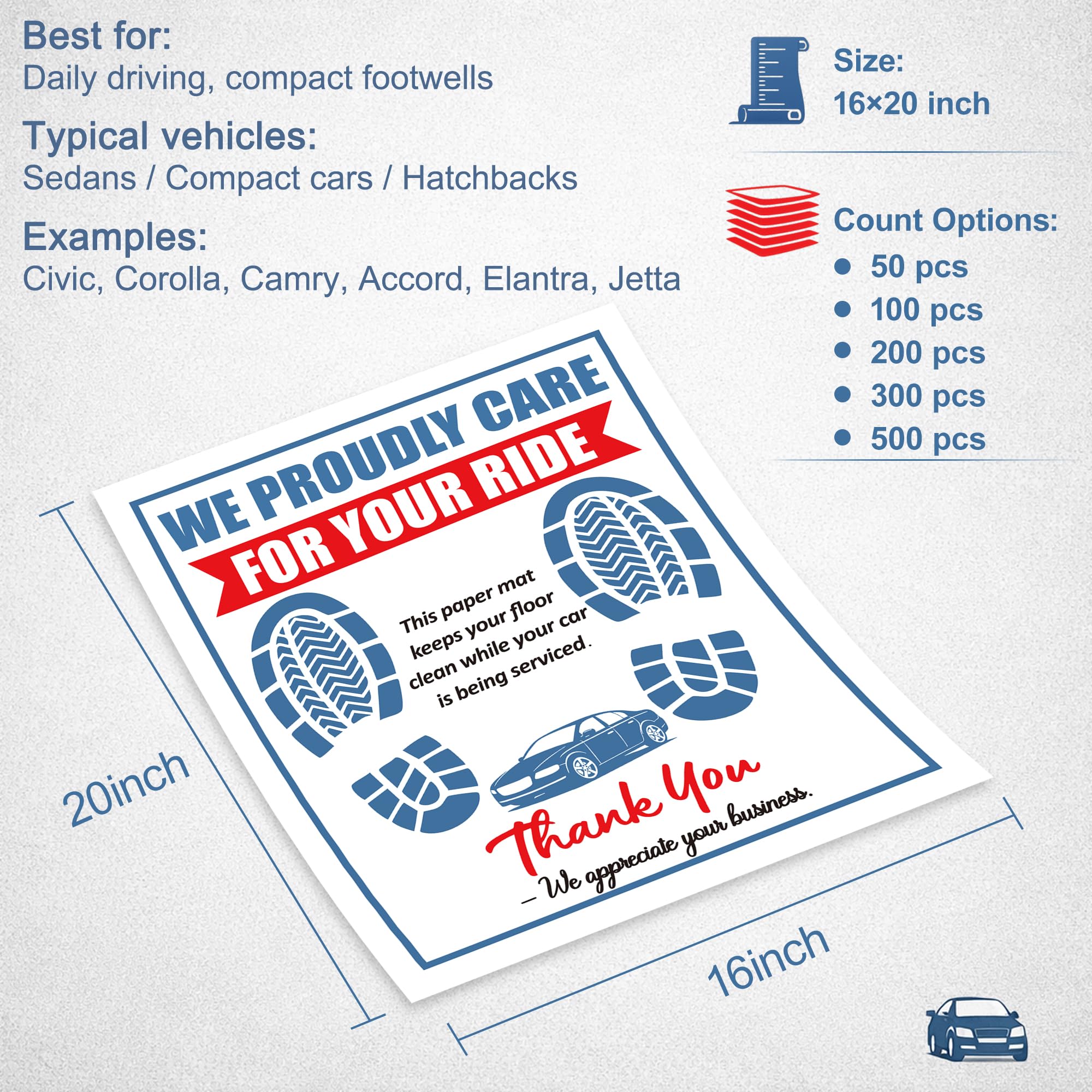 Disposable Paper Car Floor Mats 50 Pack 16x20 in Full-Color Printed Waterproof Floor Mat Covers for Auto Service — view 3