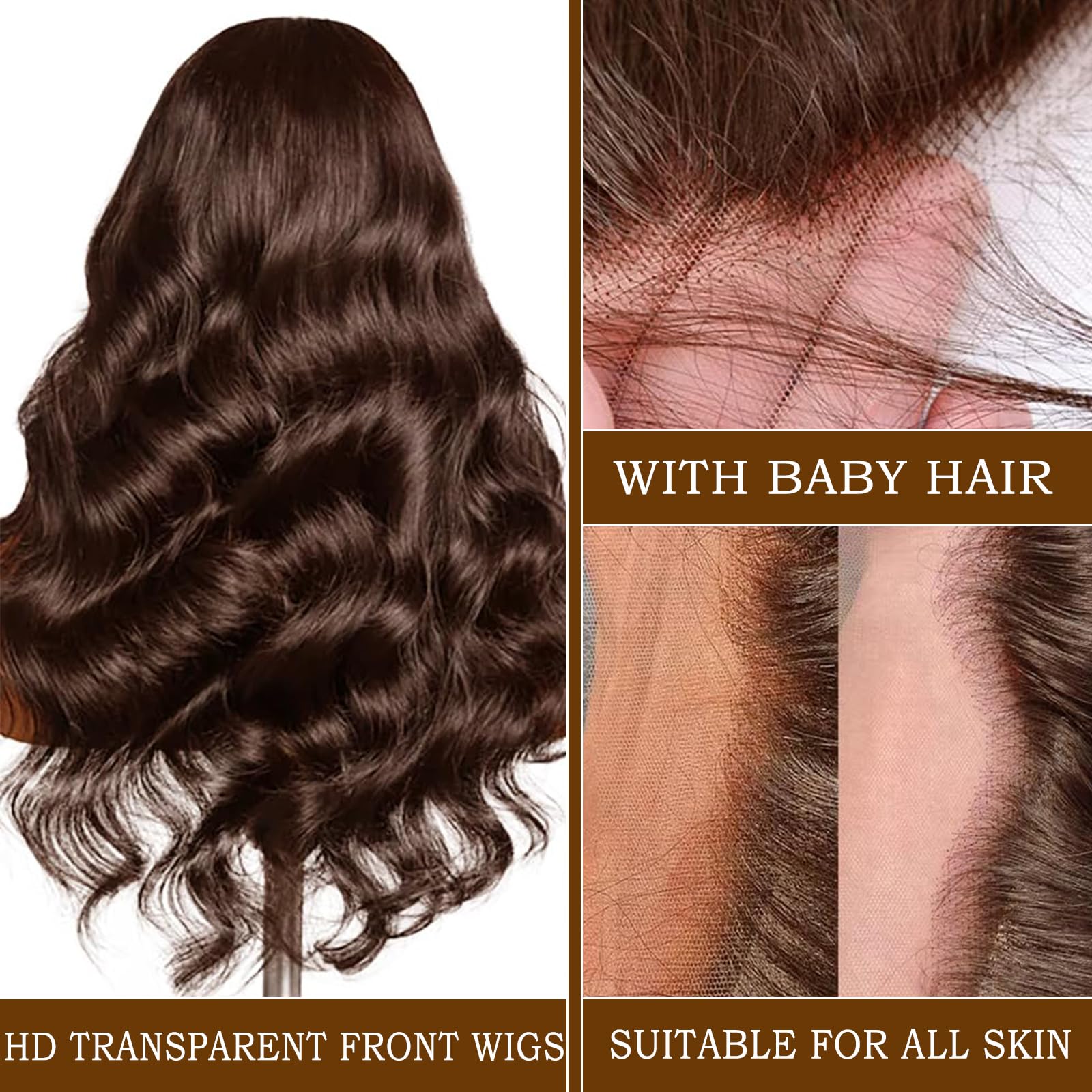 Chocolate Brown Human Hair Wig 13X4 Transparent Lace Front Wigs Pre Plucked Brown 200% Density Wig Human Hair Body Wave For Women 20 Inch - Image 2