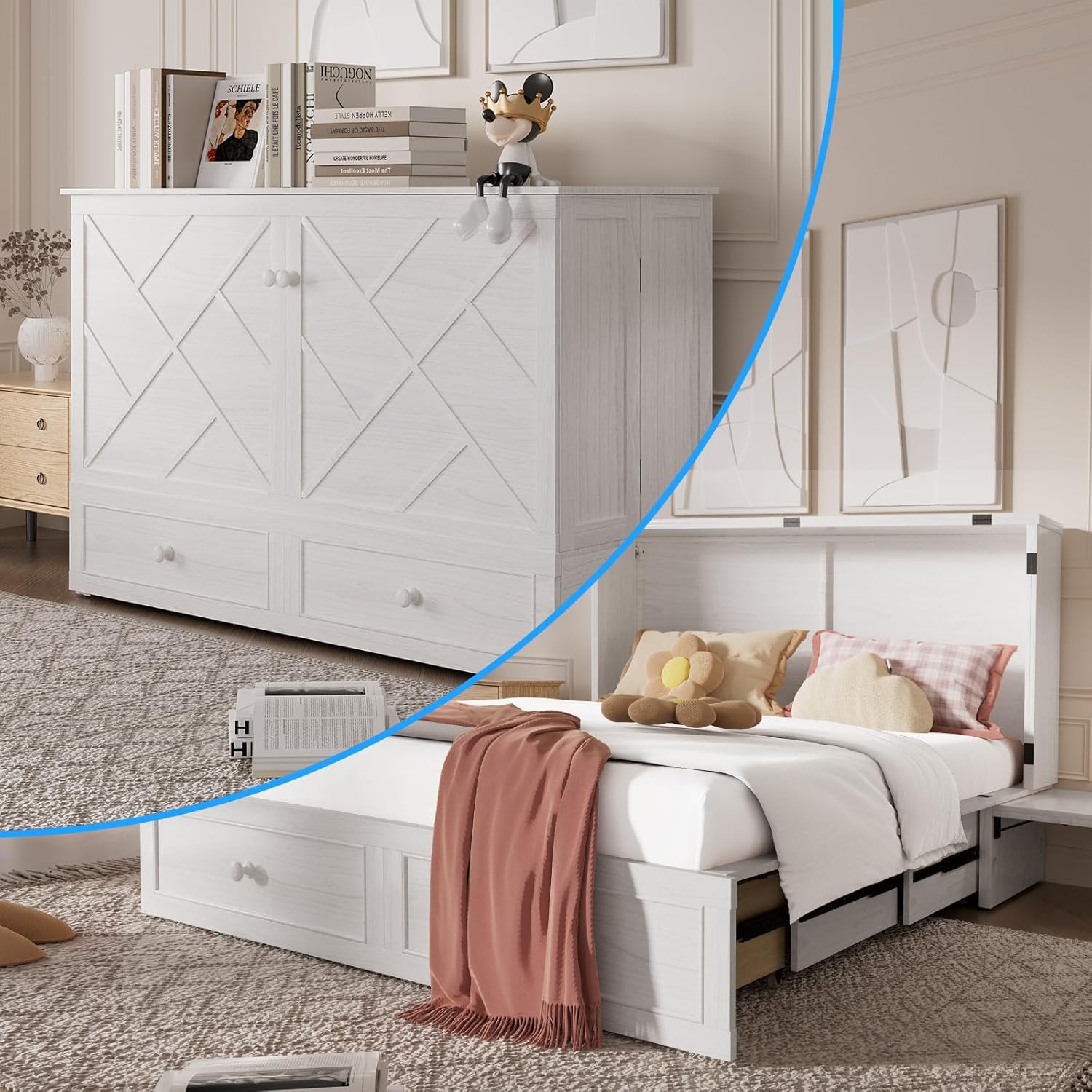 PUREMIND Multi-Functional 2-in-1 Murphy Cabinet Bed with Mattress Included, Queen Size Murphy Bed Chest Built-in Power Strip & Storage Drawer, Space-Saving Foldable Platform Beds