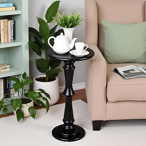 Miniatura 7 de SwallowLiving Mesa pequeña para bebidas, mesa auxiliar redonda de madera negra, mesa auxiliar estrecha y moderna con soporte de pedestal para