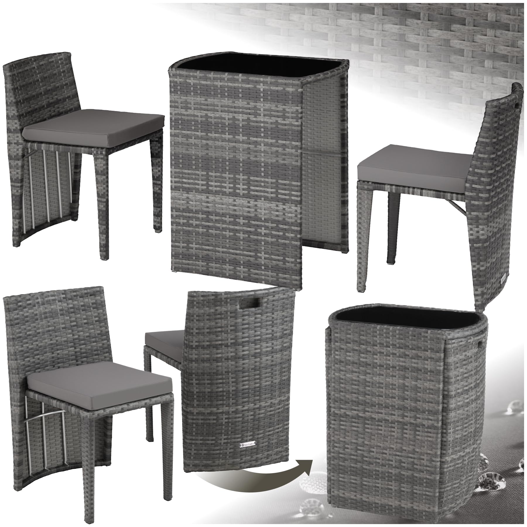 TecTake® Conjunto Jardín Exterior de Ratán y Acero, Muebles Jardín Exterior Resistente a la Intemperie, 2 Sillas con Cojines, Mesa Cristal, Agrupable, Fácil Montaje y Limpieza - Gris