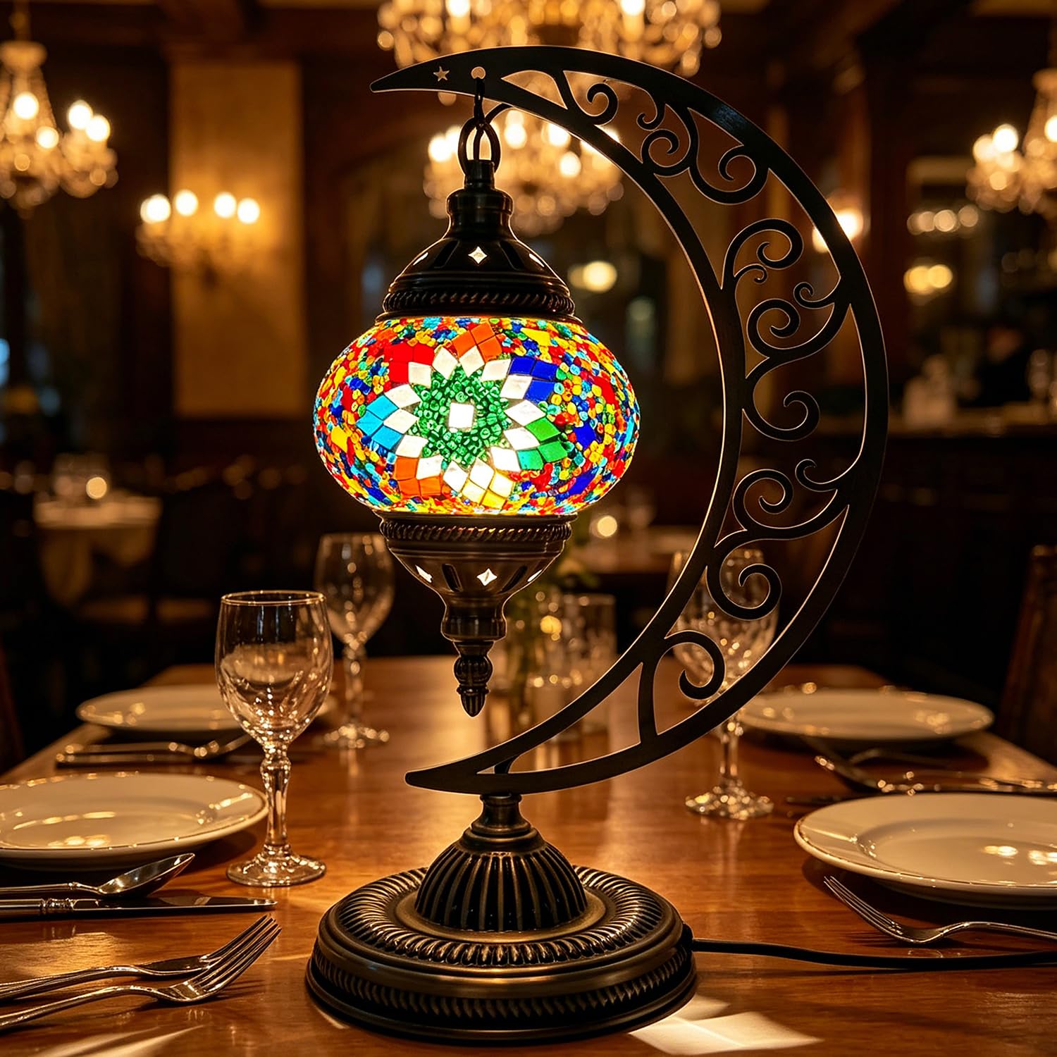 shulovehua Marrakech Turkish Mosaic Moon Lamp Mosaic Stained Glass Table Lamp with Bronze Base USB Powered Turkish Bohemian Moroccan Bedside Lamps for Boutique Bar Bedroom Decor(W 6.3in x H 15.35in) — image 1