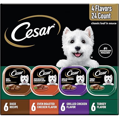 Cesar Wet Dog Food Classic Loaf in Sauce, Duck Recipe, Oven Roasted Chicken Flavor, Grilled Chicken Flavor, and Turkey Flavor, 3.5 oz. Easy Peel Trays, Variety Pack 24 Count (Pack of 1)