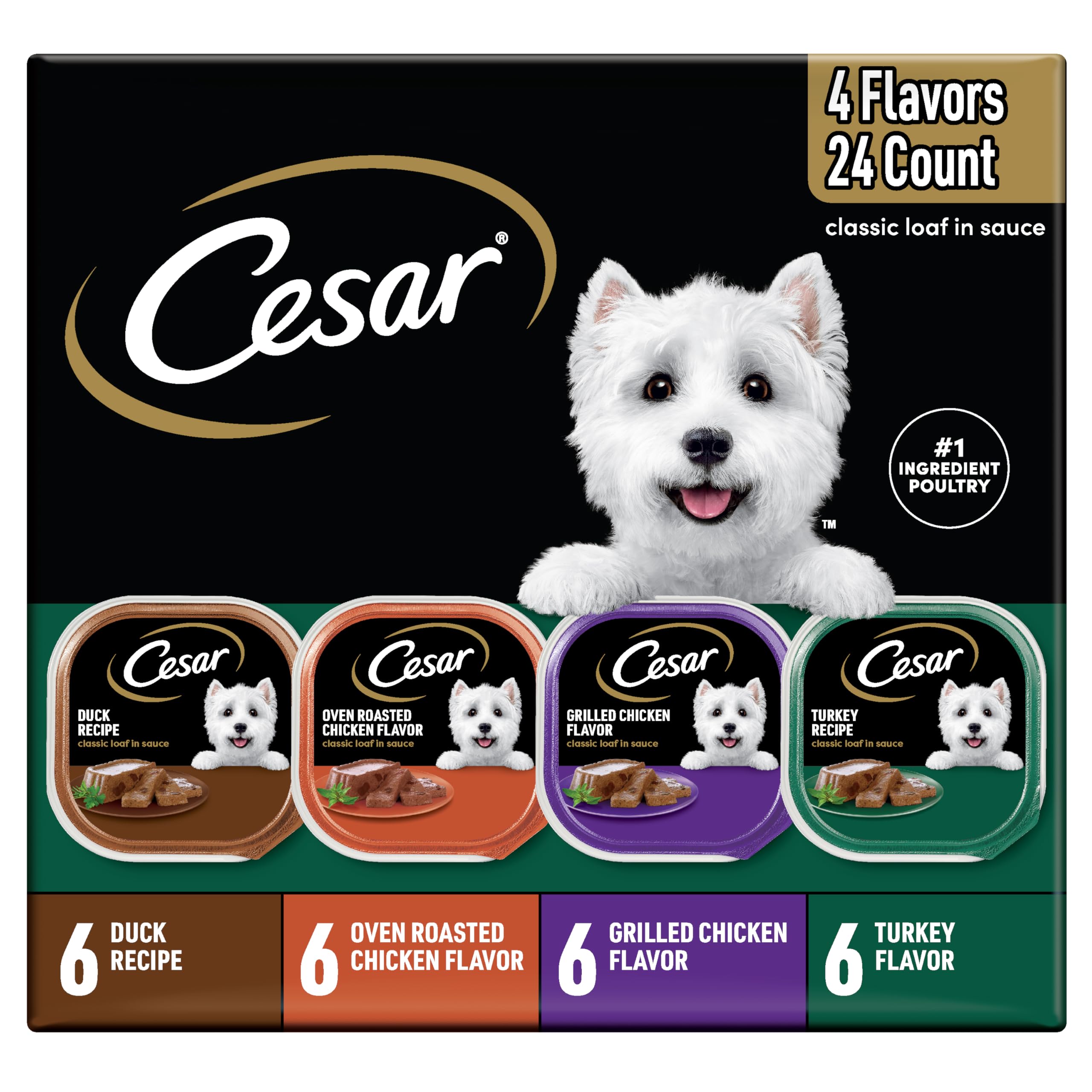 Cesar Wet Dog Food Classic Loaf in Sauce, Duck Recipe, Oven Roasted Chicken Flavor, Grilled Chicken Flavor, and Turkey Flavor, 3.5 oz. Easy Peel Trays, Variety Pack, 24 Count
