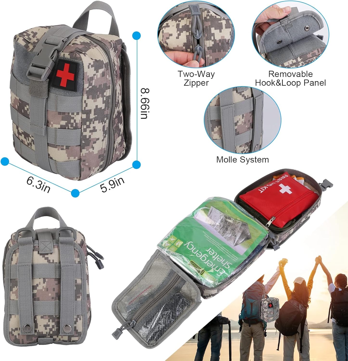 KOCASO Survival Kits & First Aid Kit, Emergency Kit Tactical Tools Supplies Bag with Shovel Fire Starter, Thermal Blanket for Outdoor Hunting, Hiking, Fishing, Camping Scout