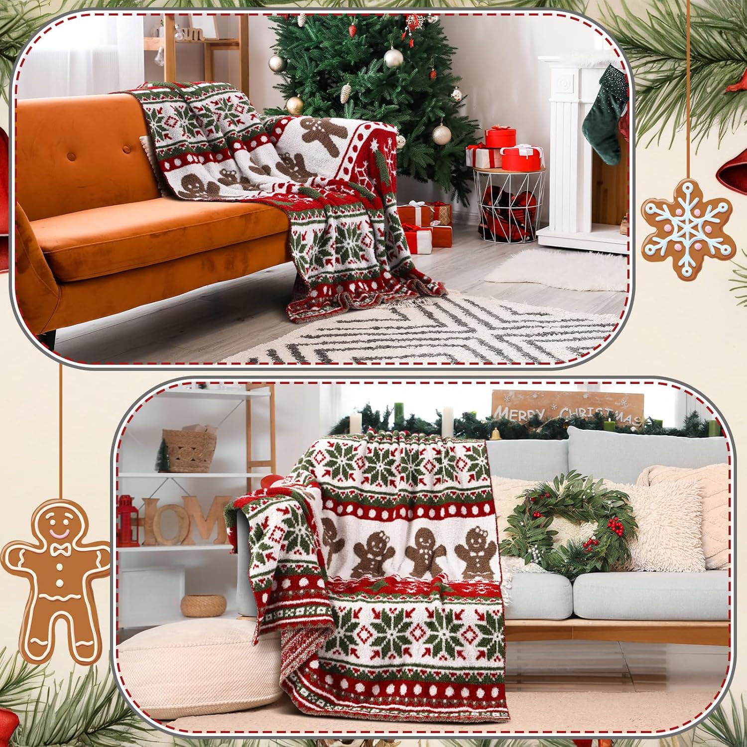 Namalu Large Chrismas Gingerbread Throw Blanket 50 x 60 Inch Soft Xmas Gingerbread Man Knit Throw Reversible Knitted Blanket for Couch Bed Sofa, Microfiber Lightweight Decorative Poinsettia - Image 6