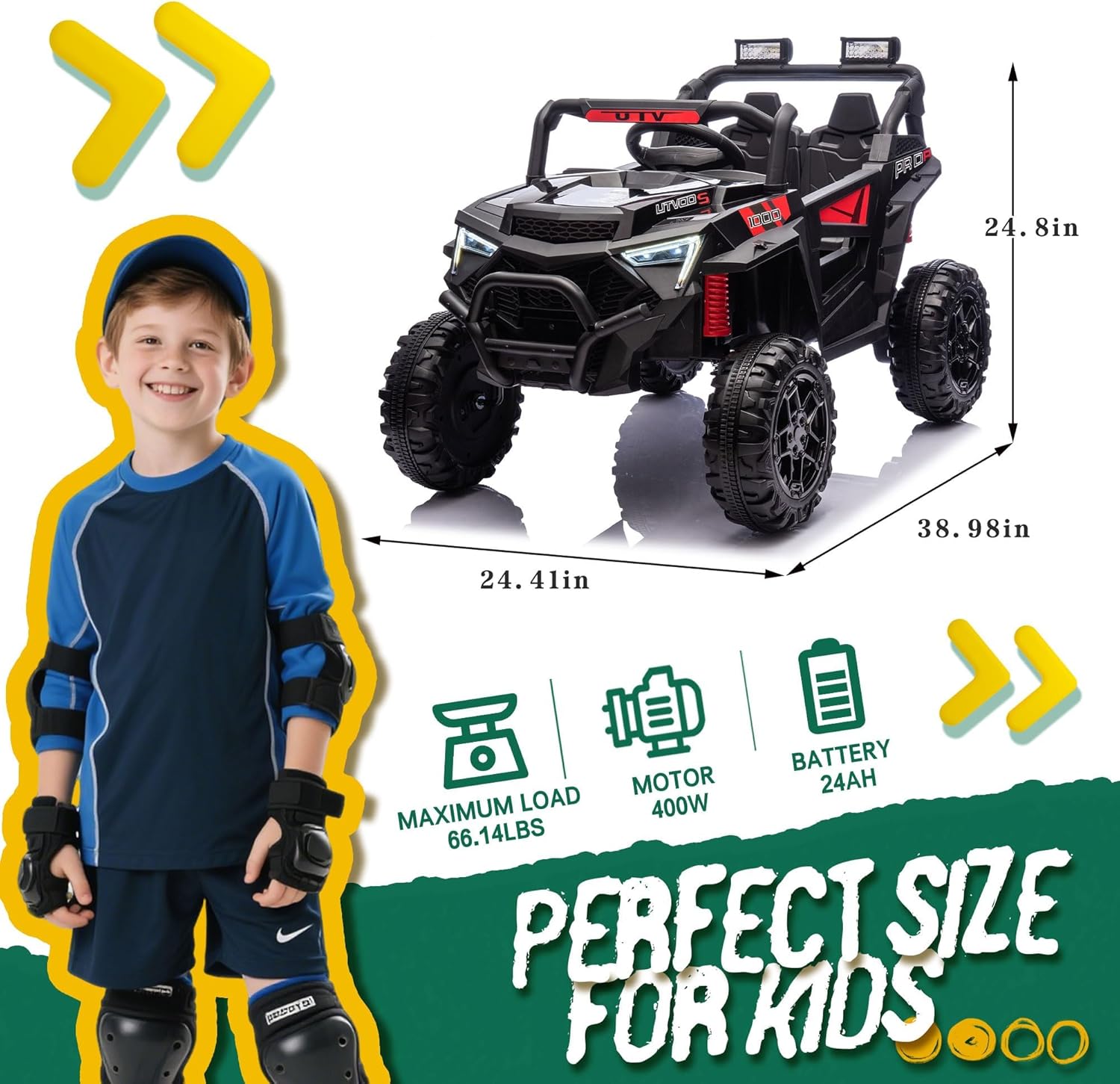 24V Ride on Car, 400W Electric UTV High Chassis SUV Kids Car with Extra Trunk, Electric Cars for Toddlers & Big Kids w/Parent Remote, 4-Wheel Suspension, Music & Bluetooth, Black