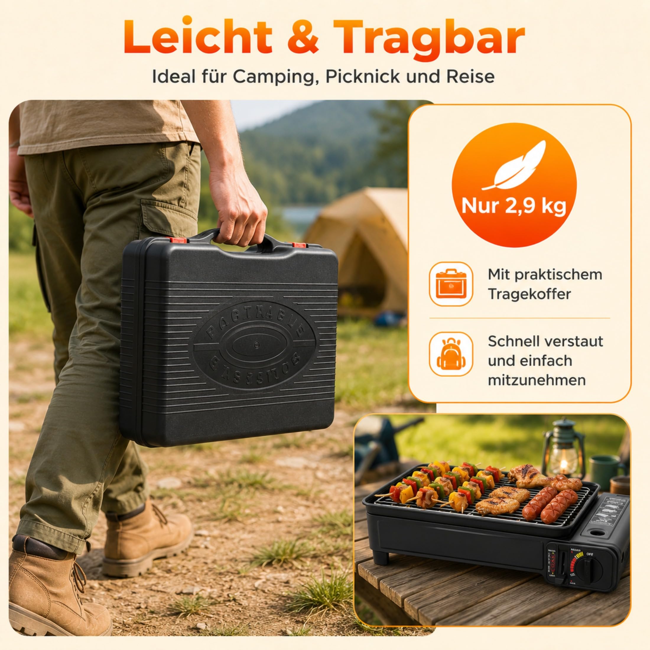 Camping grill gazowy 2,2 kW, przenośny, z 2 rusztami i torbą do przenoszenia, stołowy grill gazowy z zapłonem piezoelektrycznym i tacką na tłuszcz, kuchenka gazowa 2 w 1 na kartusze i butle gazowe