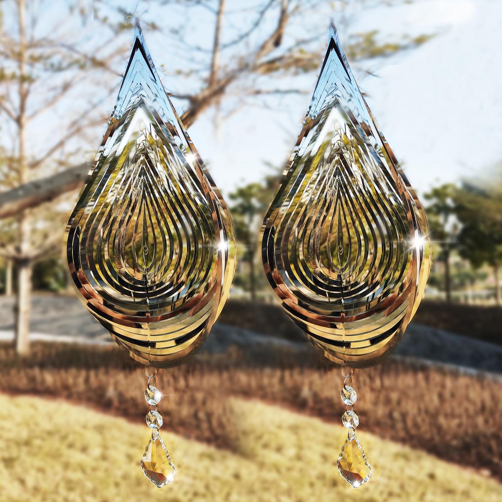 Wind Spinners Outdoor, 2PCS Water Droplets Wind Spinners Garden Decor, 3D Metal Bird Scare Discs Set, Bird Devices Deterrent to Scare Birds Away from Yard Patio Farm, Gifts for Women 11.8inch