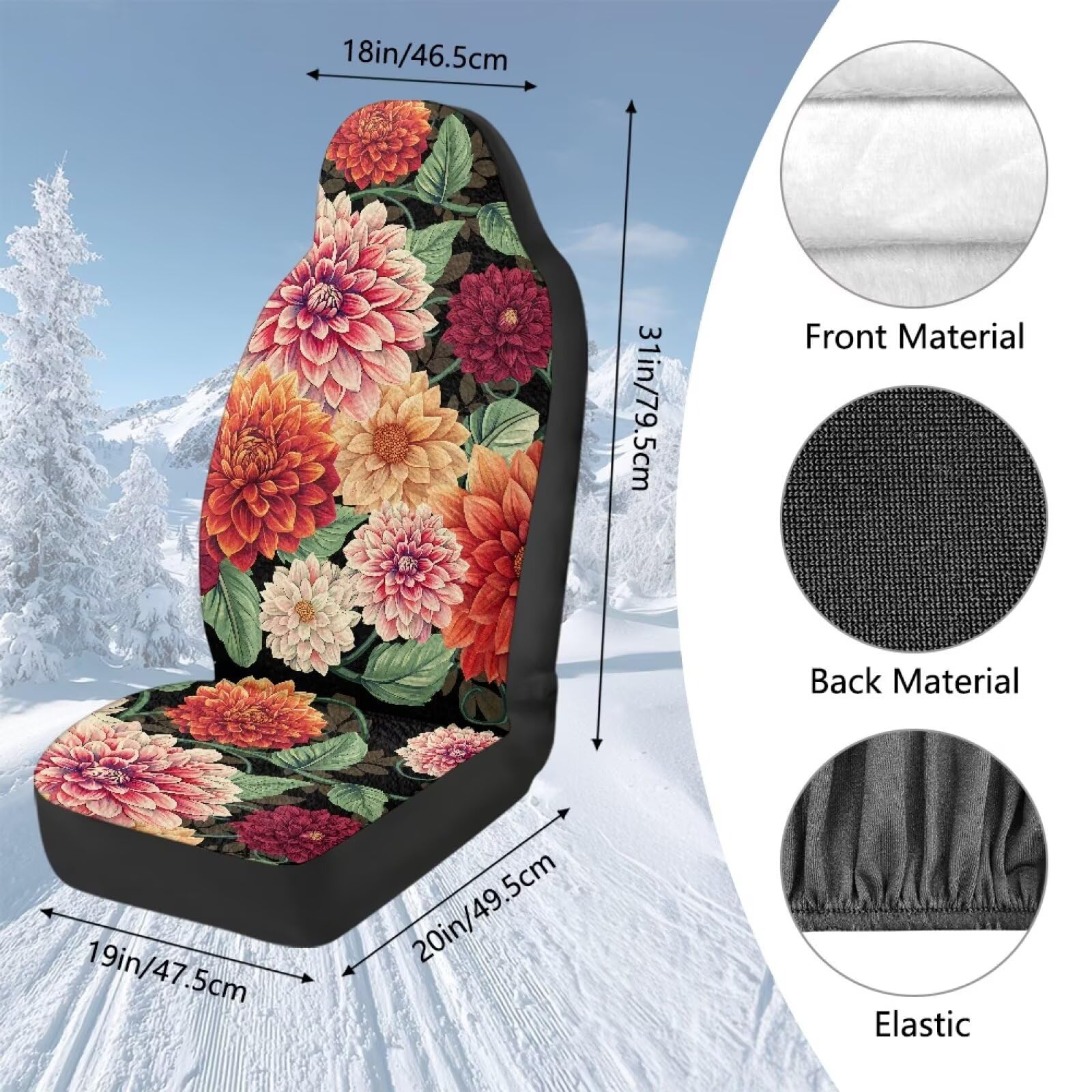 Flanella anteriore Autositzbedeckungen Boho Dahlia Blumenblumen Fuzzy Fluffy Front Eimer Sitzbedeckung Warme gemütliche Satteldecke Kissen Abdeckung Auto Innenraum Zubehör