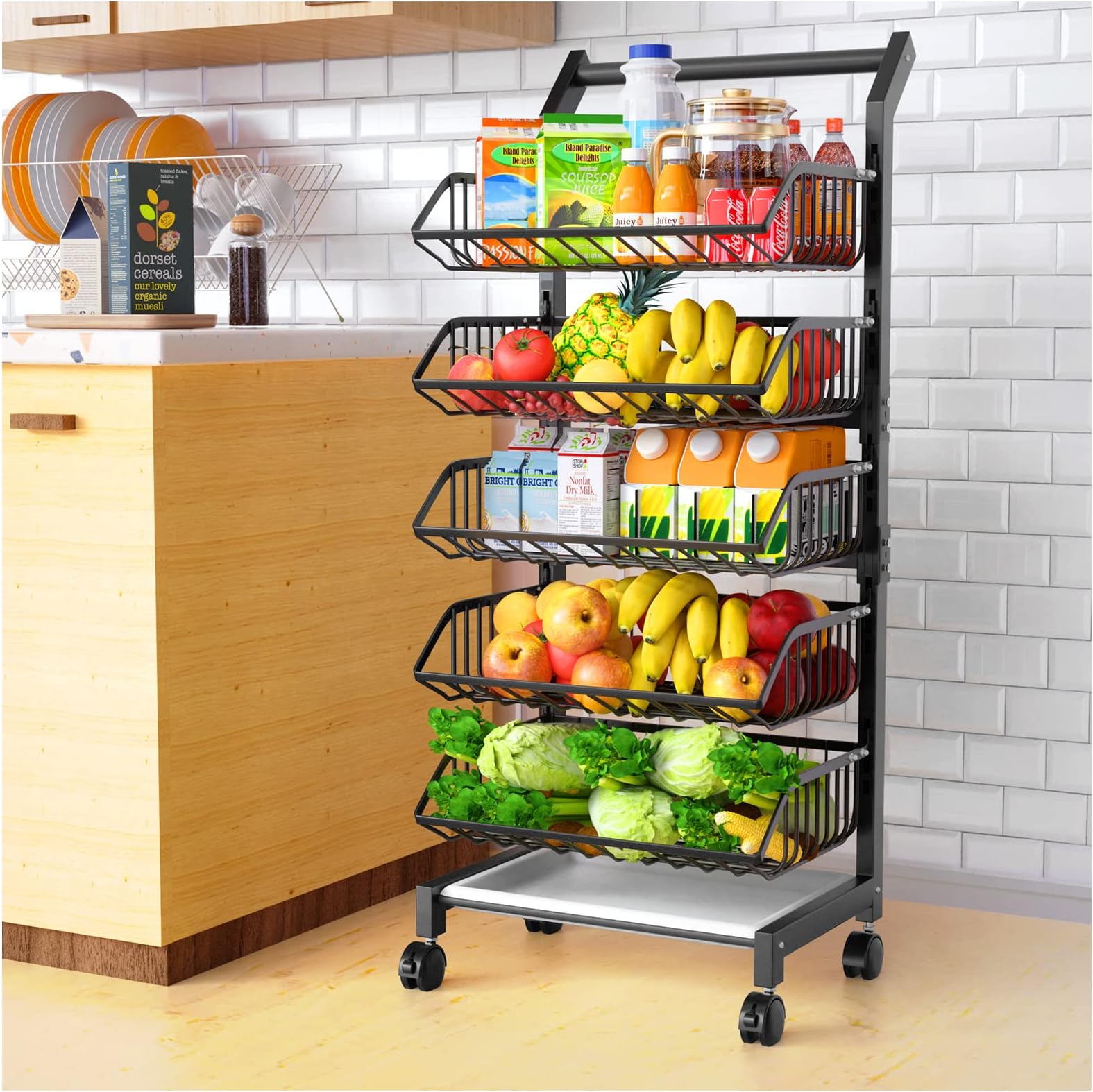 Fruit and Vegetable Basket, 5 Tier Stackable Metal Wire Basket Cart, Rolling Carts with Lockable Wheels, Multifunctional Utility Cart for Office, Living Room, Kitchen, with Detachable Basket