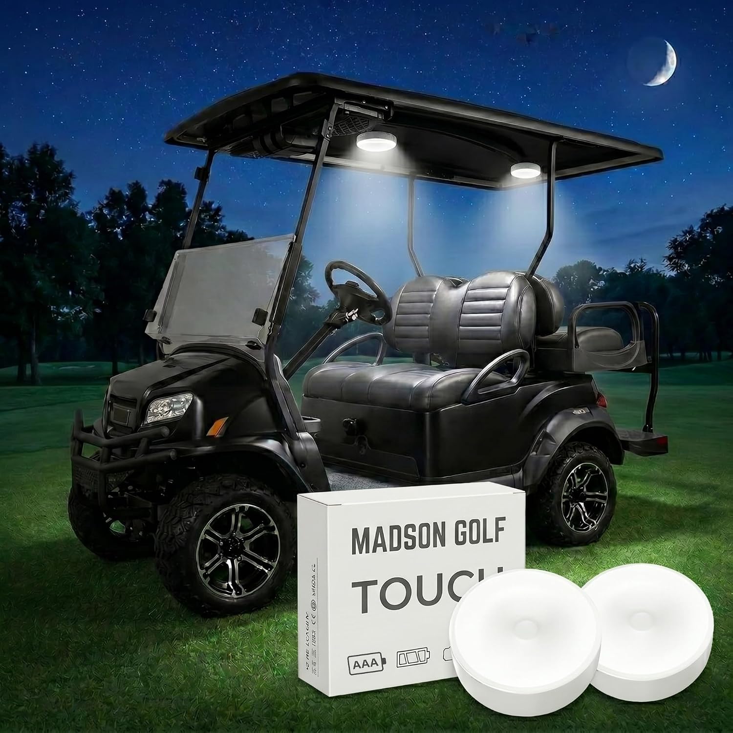 2-Pk Universal Golf Cart Roof Stick On Anywhere One Touch LED Light fits Club Car, Onward, Precedent, EZGO, Yamaha, Garia carts, AAA Battery Powered Puck Designed for Golf cart use, Great Golf Gifts