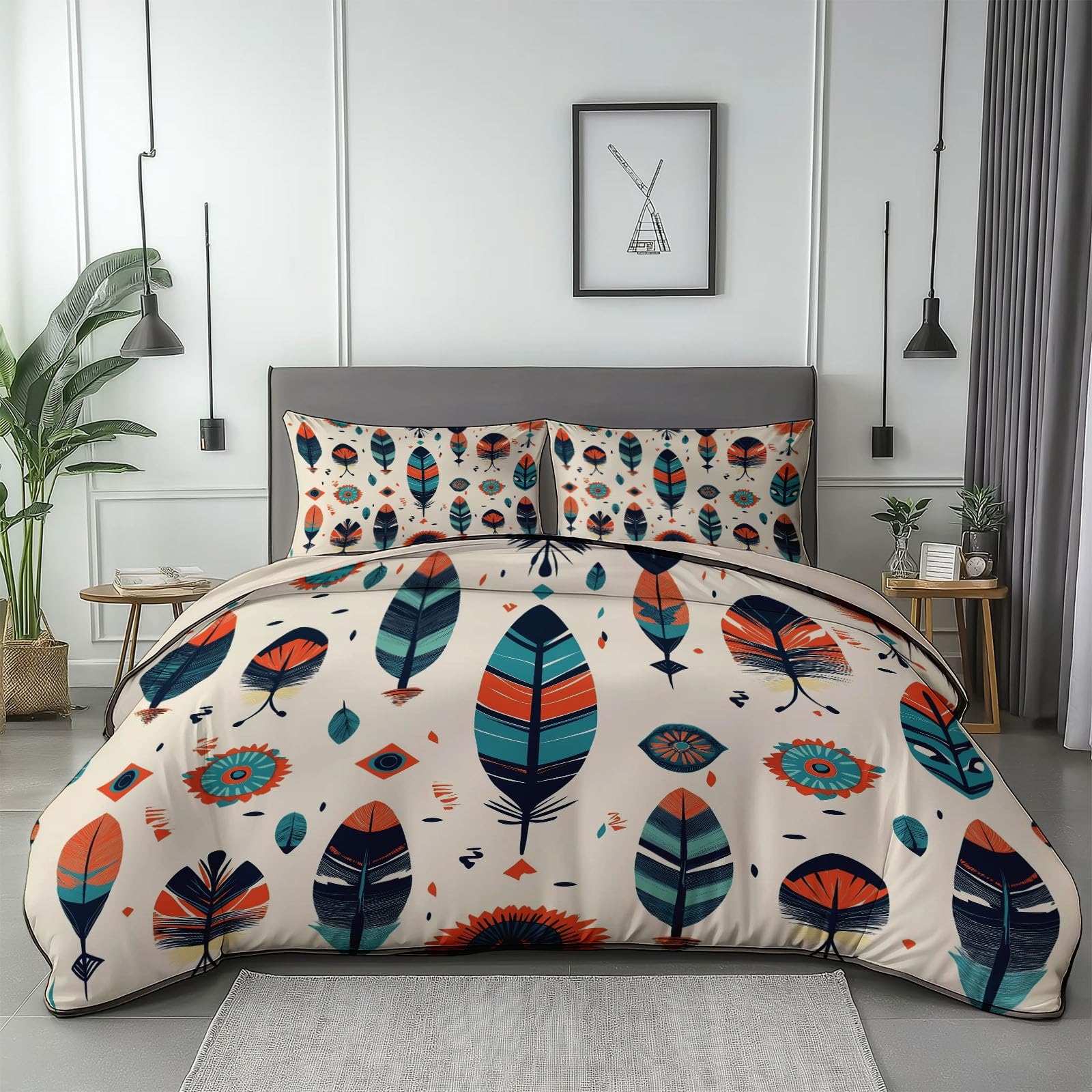 Komplet pościeli 260 x 220 cm, pościel dwustronna, z mikrofibry, w stylu boho, pióra, strzałki, poszewka na kołdrę i poszewka na poduszkę 80 x 80 cm, z zamkiem błyskawicznym, biała