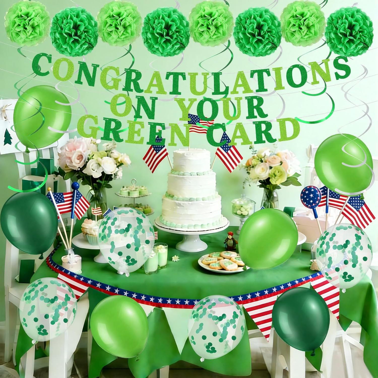 51 Pcs Green Card Party Decorations Congratulations on Your Green Card Supplies 8 Tissue Pom Poms 30 Balloons 1 Banner 12 Spiral Hangers Decor for Celebration Gifts