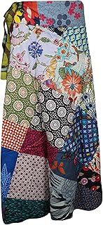 Mogul Interior Wrap Around Skirt Cotton Multi Blue Patchwork Boho Midi Skirt OneSize