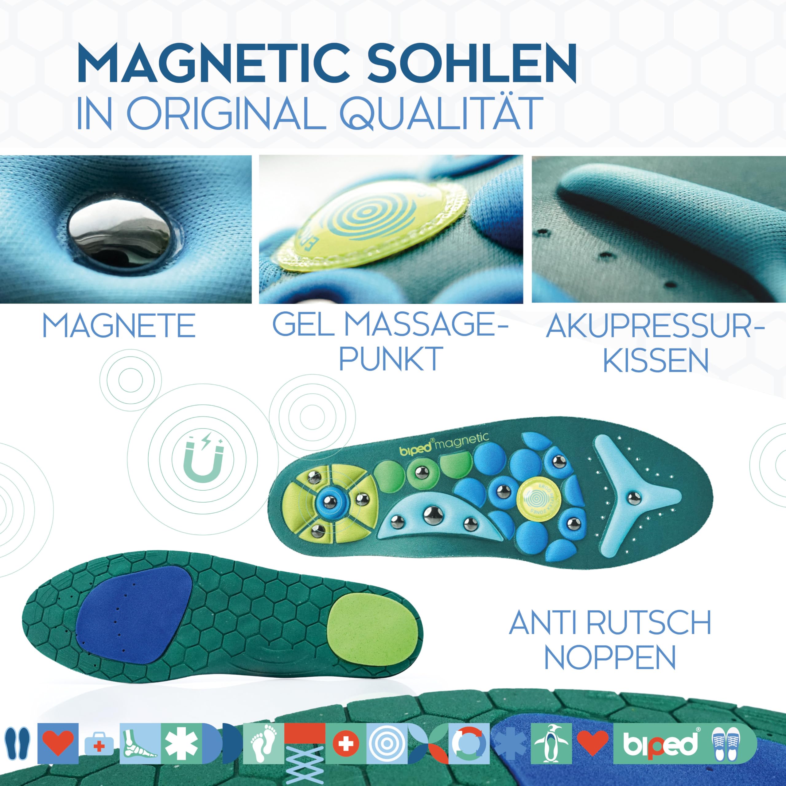 biped Original Magnetic Akupressur Einlegesohlen Herren & Damen – Fußgewölbestütze für Arbeitsschuhe und Freizeitschuhe - Auch bei Plantarfasziitis, Plattfuß und zur Fußmassage z2930(M = 40-43) - 5