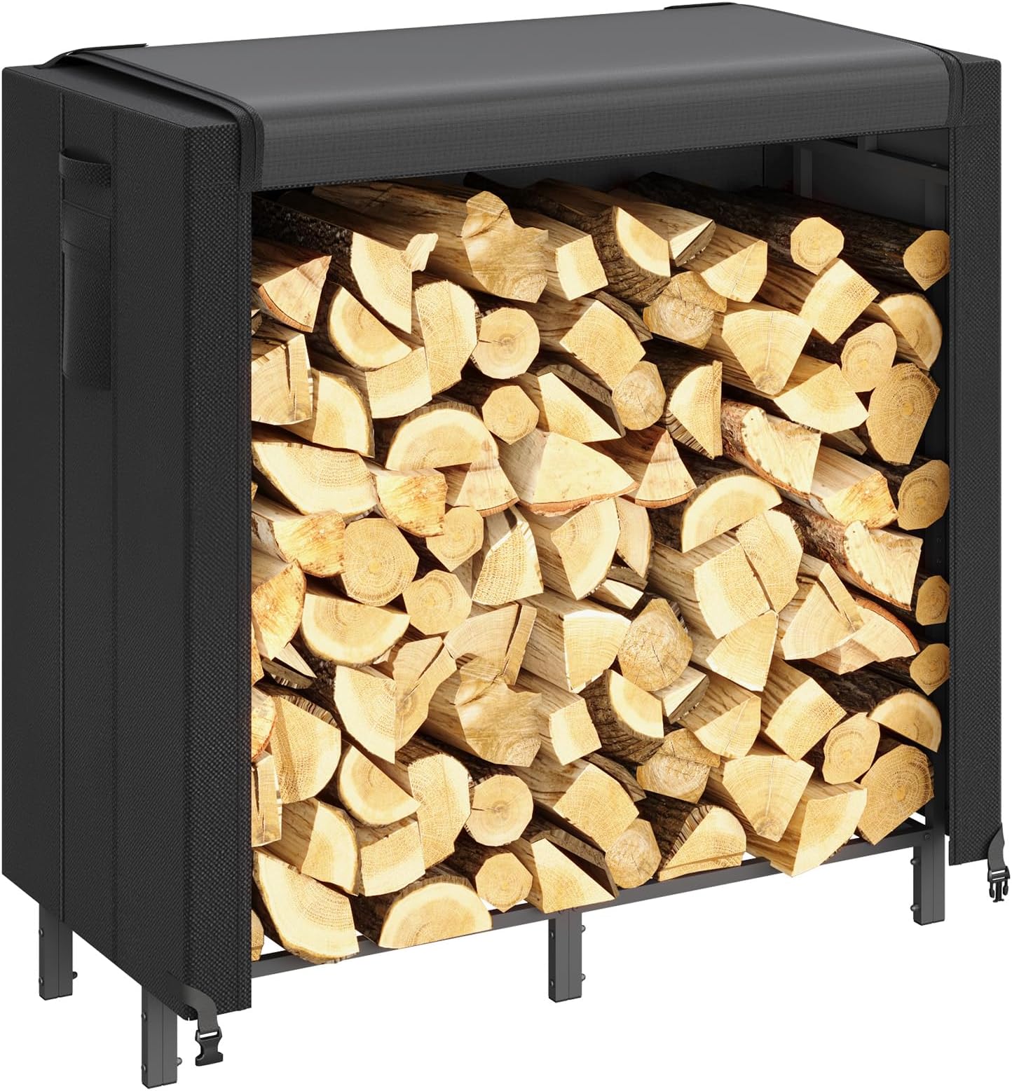 4 FT Firewood Rack Outdoor with Waterproof Cover, Indoor/Outdoor Wood Storage with Side Pocket, Heavy Duty Firewood Holder for Fireplace, Fire Pit, Black, 122 x 59 x 122 cm/48 x 23 x 48 inch