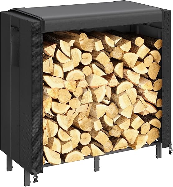 Lifewit Estante Almacenamiento Leña con Cubierta Impermeable, 122×58,5×122cm Estante Resistente para Troncos, Soporte para Leña, Registro de leña con Tapa para Chimeneas, Pozos de Fuego - 1
