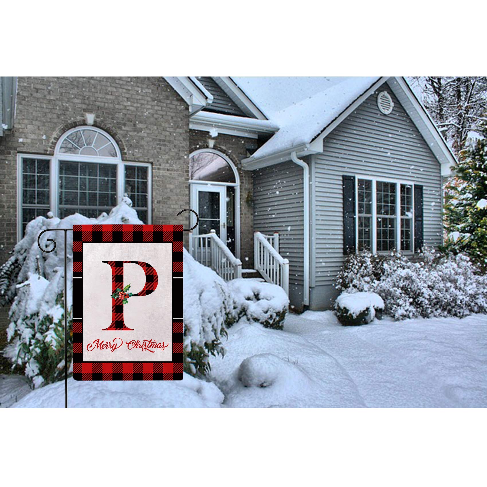 Weihnachts-Gartenflagge Mit Monogramm P – Doppelseitig, Rot/schwarz Karo, 32,5 X 45,7 Cm, Wetterfest