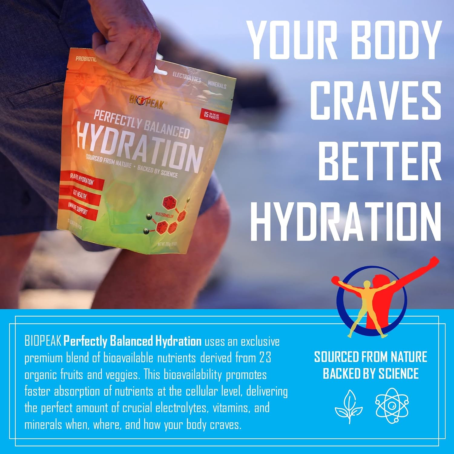 BIO PEAK Perfectly Balanced Hydration | Bioavailable Hydration Derived from Whole Foods | Electrolytes Powder Packets with Prebiotics, Probiotics, Vitamins, Minerals, Organic Nutrients | Keto + Vegan