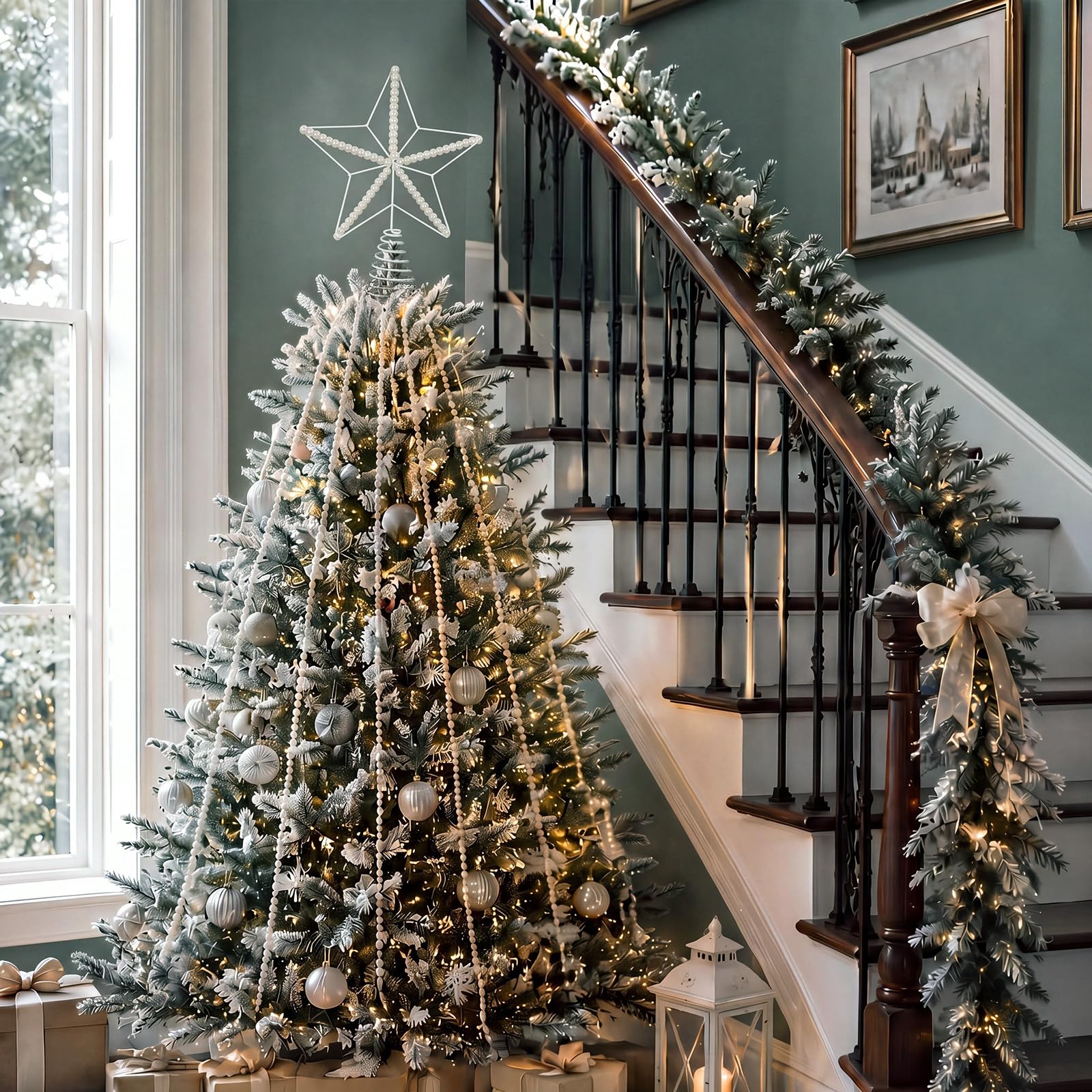 Arrowbash 7 piezas de decoración de estrella de 25 cm, estrella blanca para árbol de Navidad con 6 hebras de 200 cm, adorno de cadena de perlas sintéticas para árbol de Navidad de 5 a 8 pies
