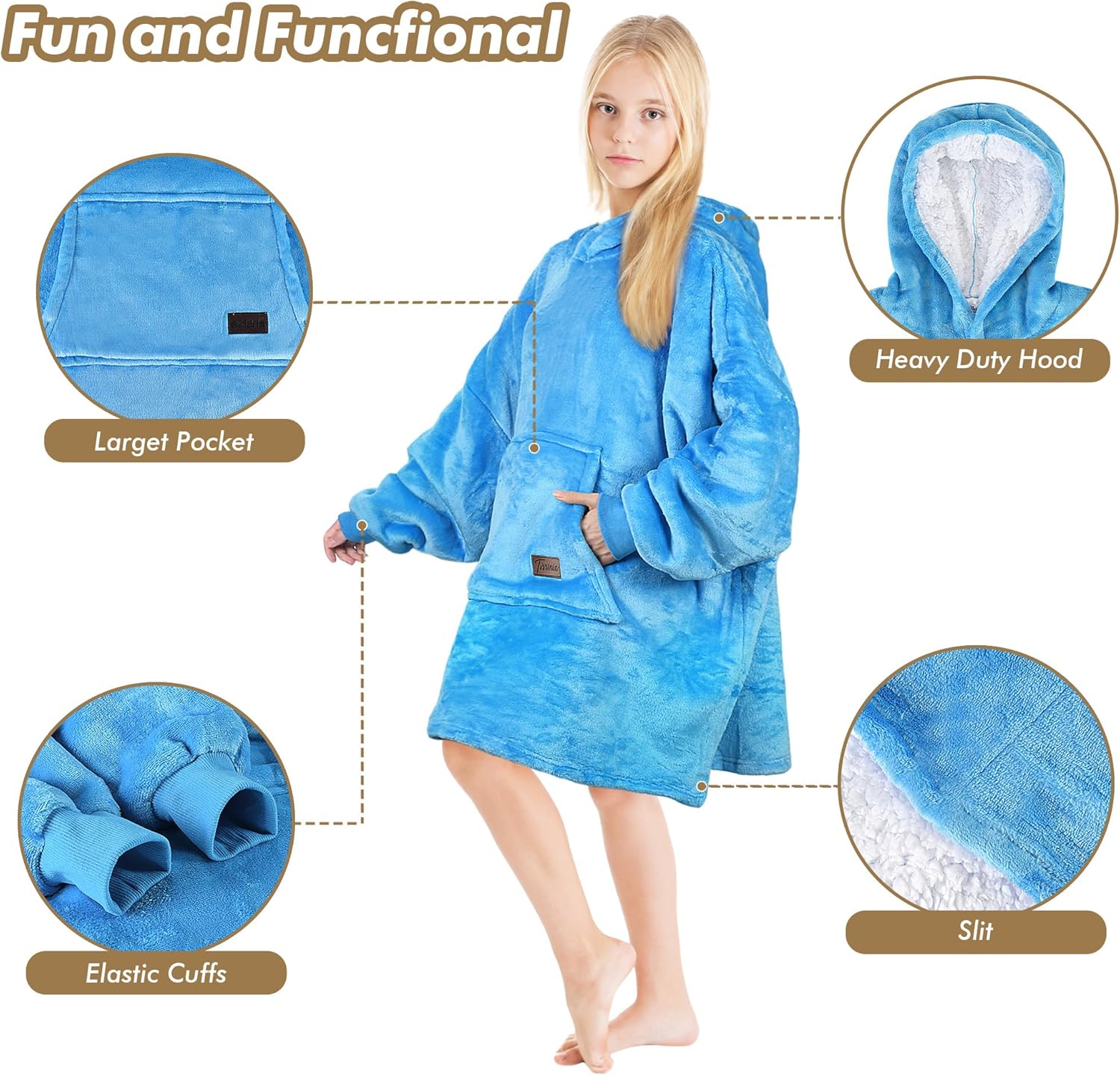 Tirrinia Blanket Hoodie for kids, Oversized Wearable Blanket, Cartoon Hooded Sherpa Lined Blanket, Gift for Kids Teens, Youth. Blue