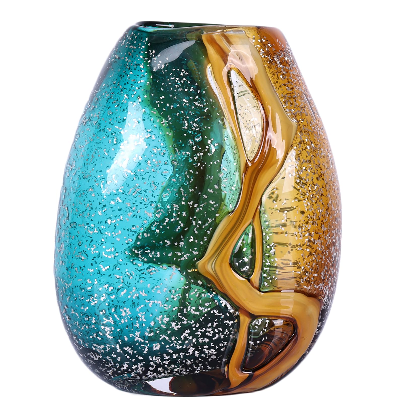 PlivBloom Jarrón de cristal verde azulado, jarrones de cristal verde soplado a mano, jarrones de cristal de Murano, decoración única de cristal de mesa, flores con jarrón decorativo, decoración de