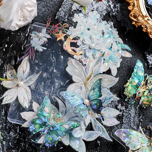 Miniatura 9 de Aromoty Juego de calcomanías de mariposa (120 piezas con 6 temas) - Cristales holográficos brillantes de resina transparente, calcomanías