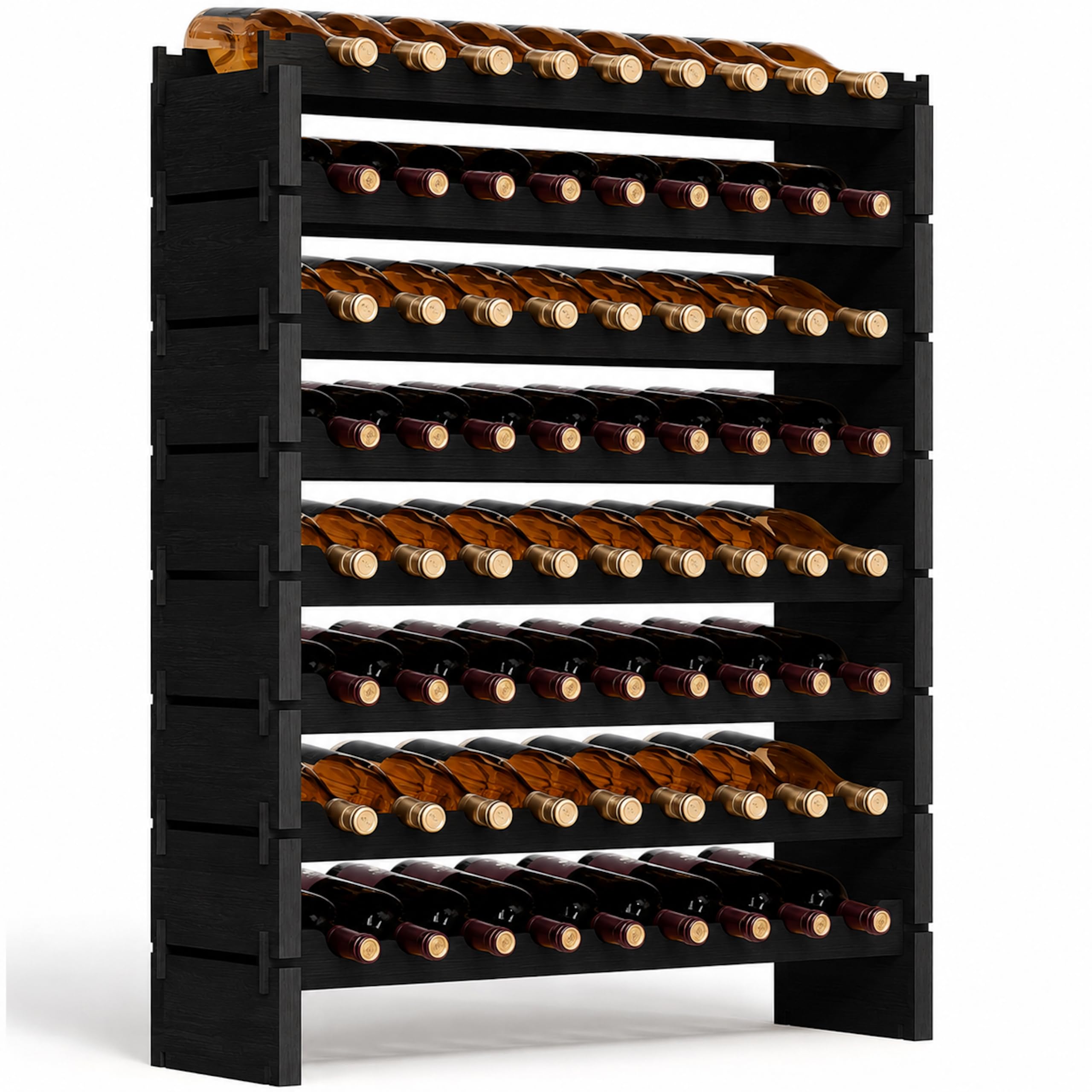 NutriChef 72 Bottle Wine Rack Stackable Bamboo Freestanding, 8-Tier Modular Shelf, Sturdy Wobble Free, Upgraded 2026 Design, Easy No-Tool Assembly for Kitchen, Cellar or Bar 33.5" x 10" x 41" (Black)