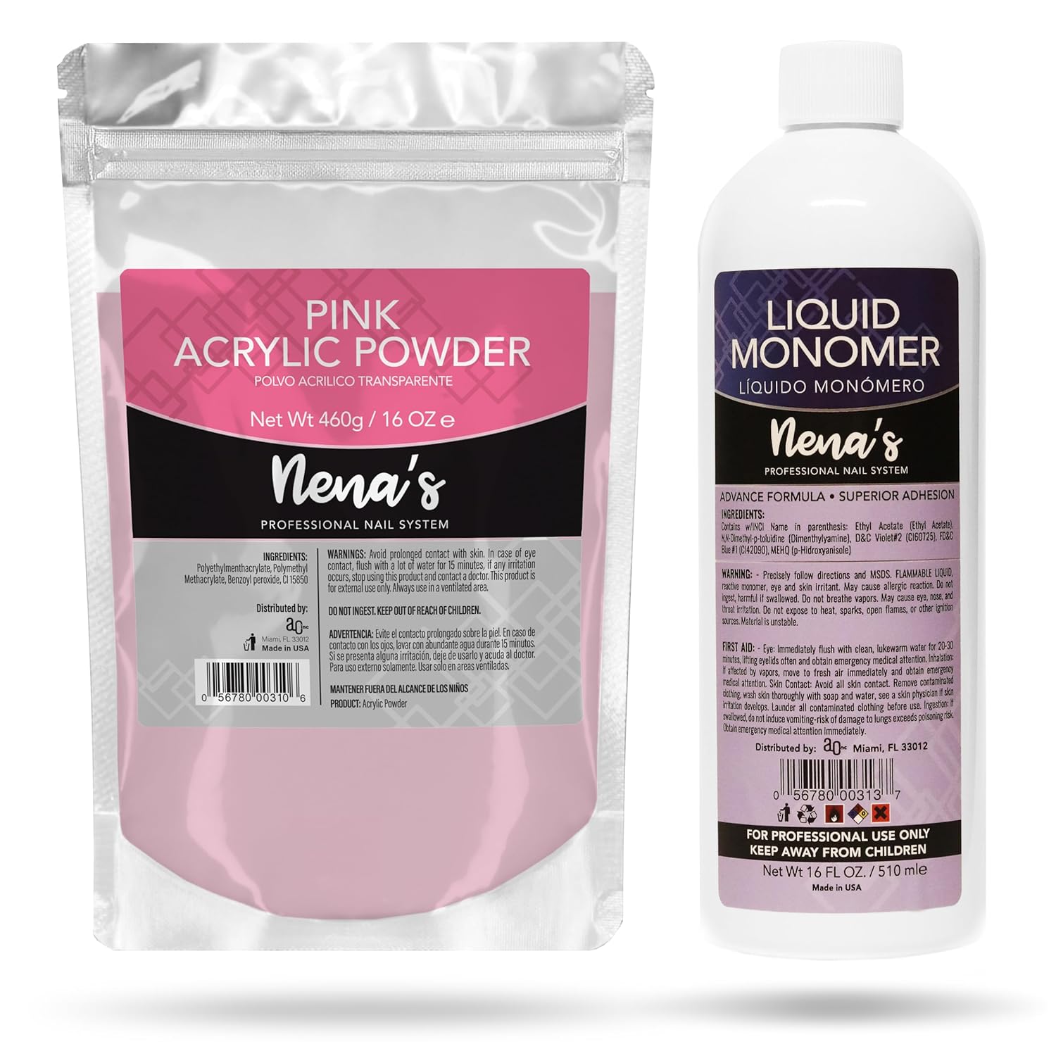 Nena's 16oz Acrylic Liquid monomer + 16oz Clear Acrylic Powder Made in USA Clear Pink (Pink)