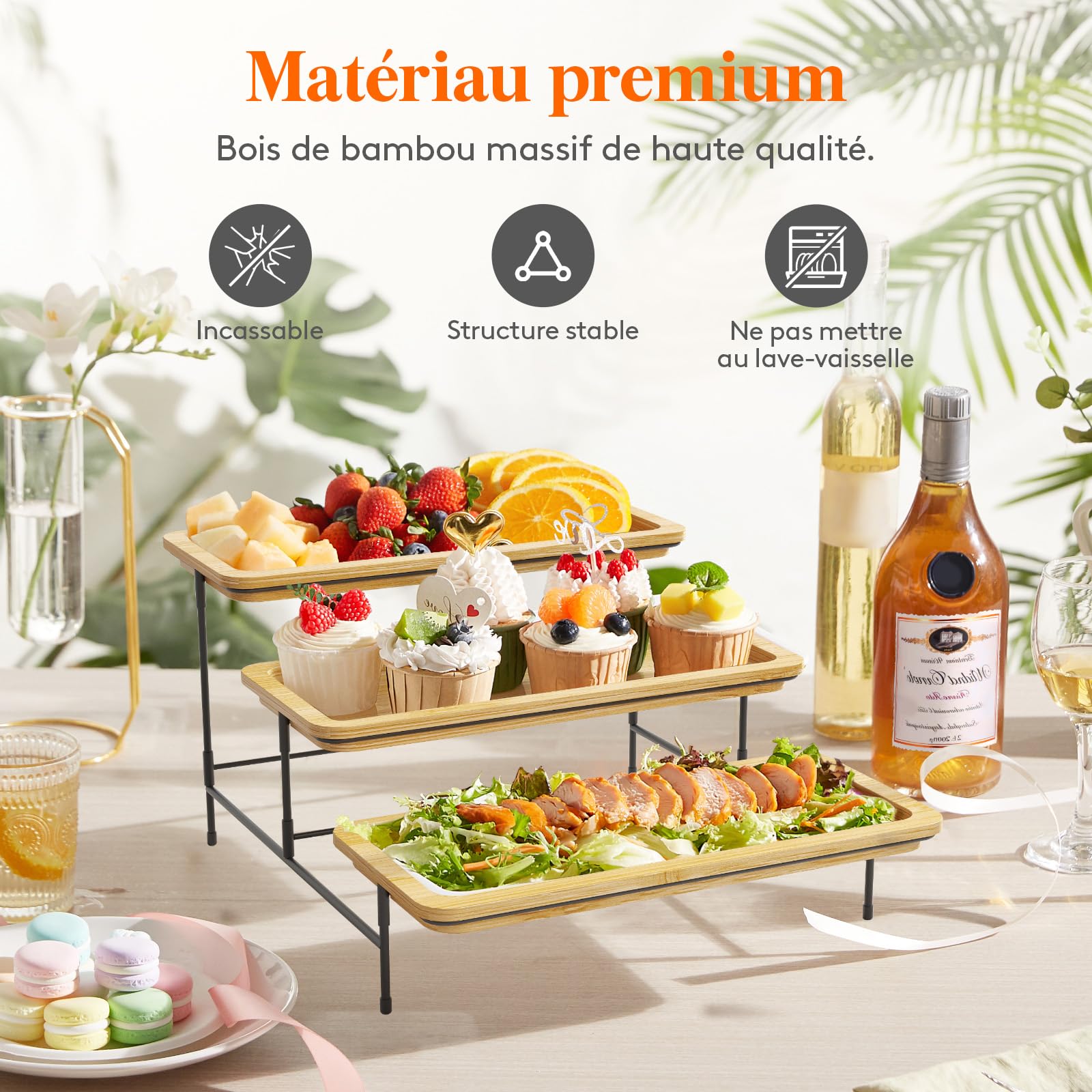 Lifewit Plateau de service 3 étages en bambou - 30 x 17 cm - Support métal noir - Accessoires de fête, buffet - Réutilisable pour légumes, fruits, desserts