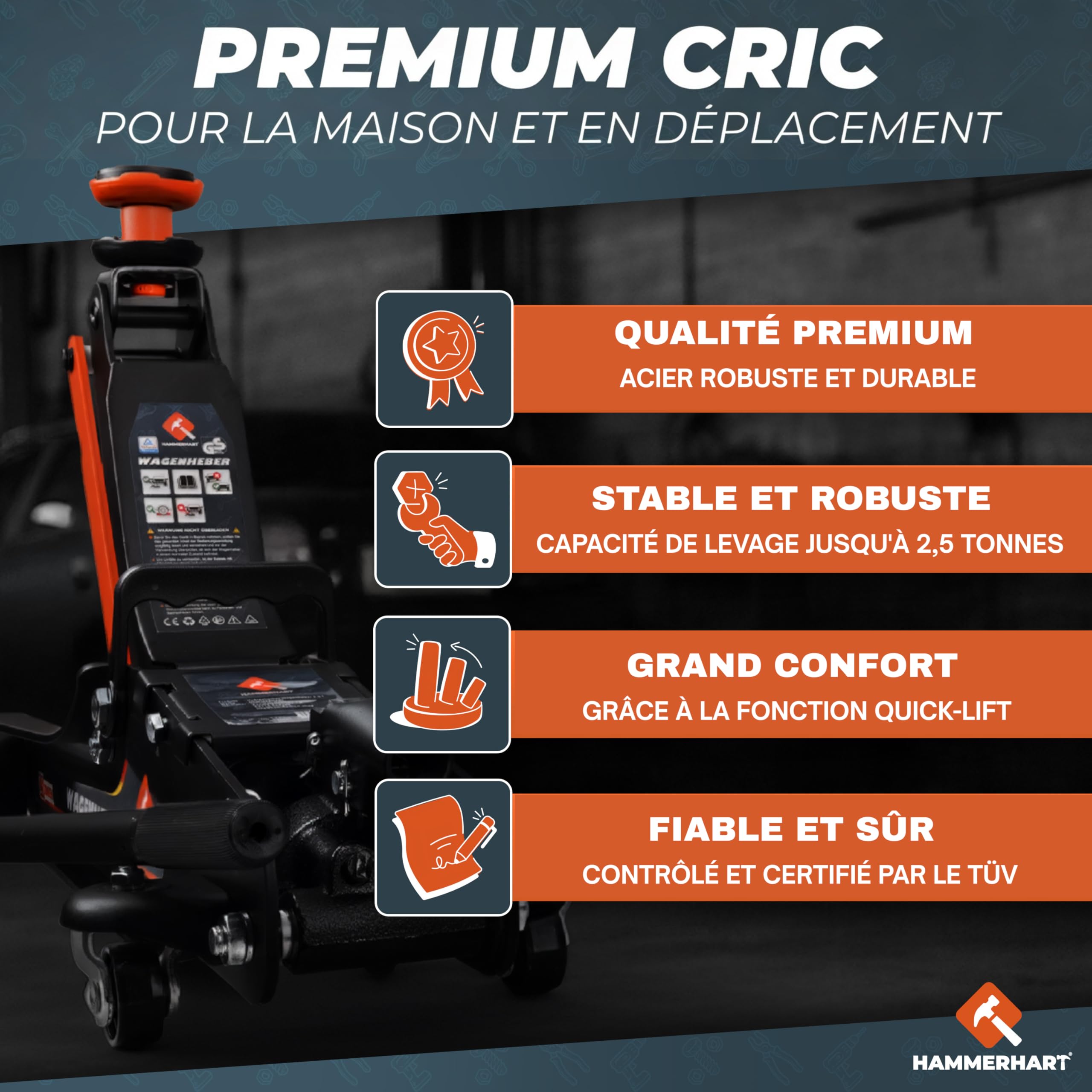 Cric hydraulique 2,5 t | Cric homologué TÜV avec Une Hauteur de Levage de 85 à 384 mm | Cric Professionnel avec 2 Patins en Caoutchouc, roulettes pivotantes à 360°, poignée en T et Coffret